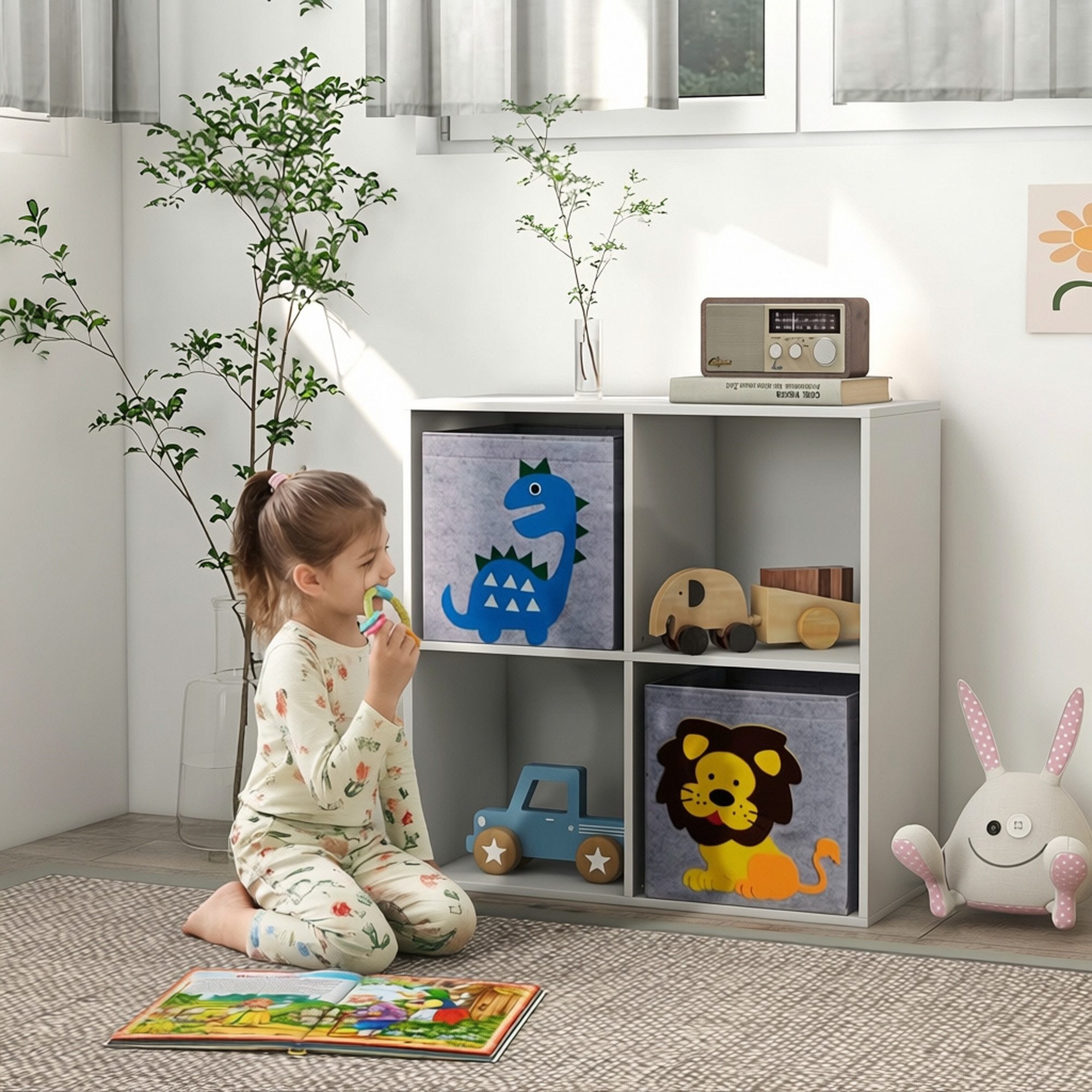 ZONEKIZ Kinderregal Bücherregal Spielzeug-Organizer 2 Aufbewahrungsboxen, 2 off.Fächer, Kinder-Aufbewahrungsschrank 1-tlg., für Schlafzimmer, Spielzimmer, Klass – Bild 2 von 5