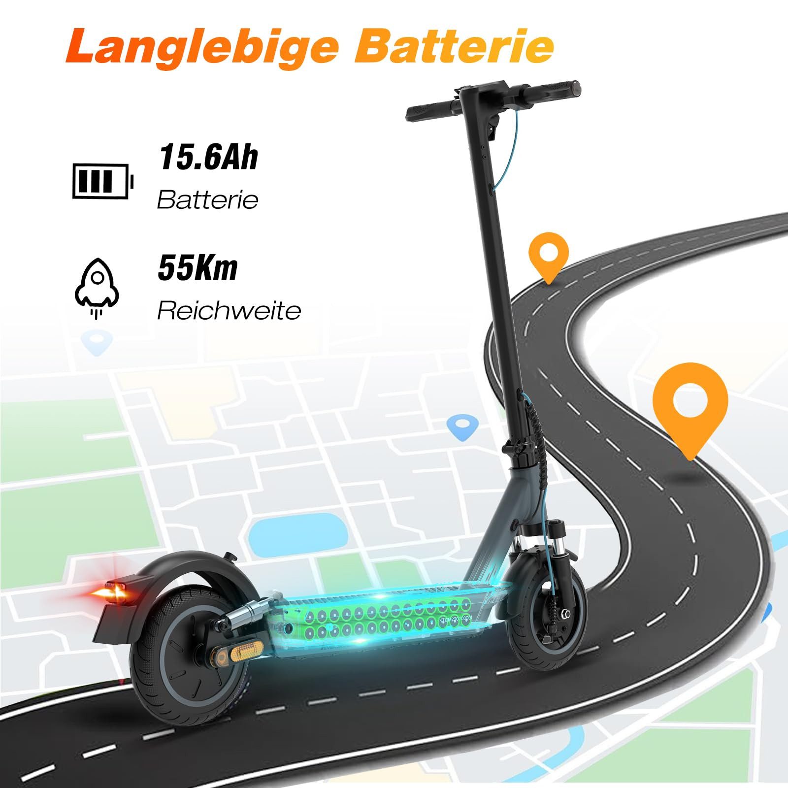 EVERCROSS TECH E-Scooter EV10K MAX with road approval (ABE), 55/70 km/h, 10/15/20 km/h, 20.00 km/h, app, 15.6Ah/18.2Ah, dual braking system, 10" foldable electric scooter