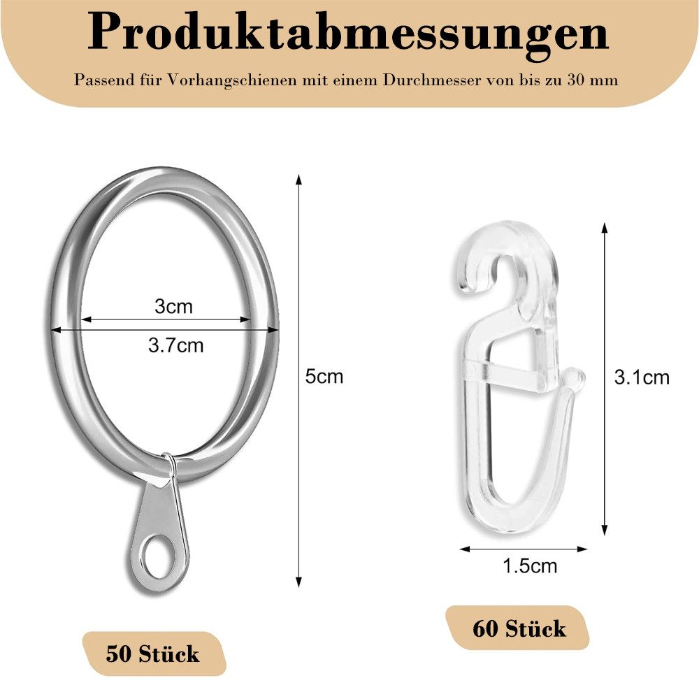 TUWENA Gardinenring 50 Stück Metall Vorhangringe und 60 Kunststoff haken fü günstig online kaufen