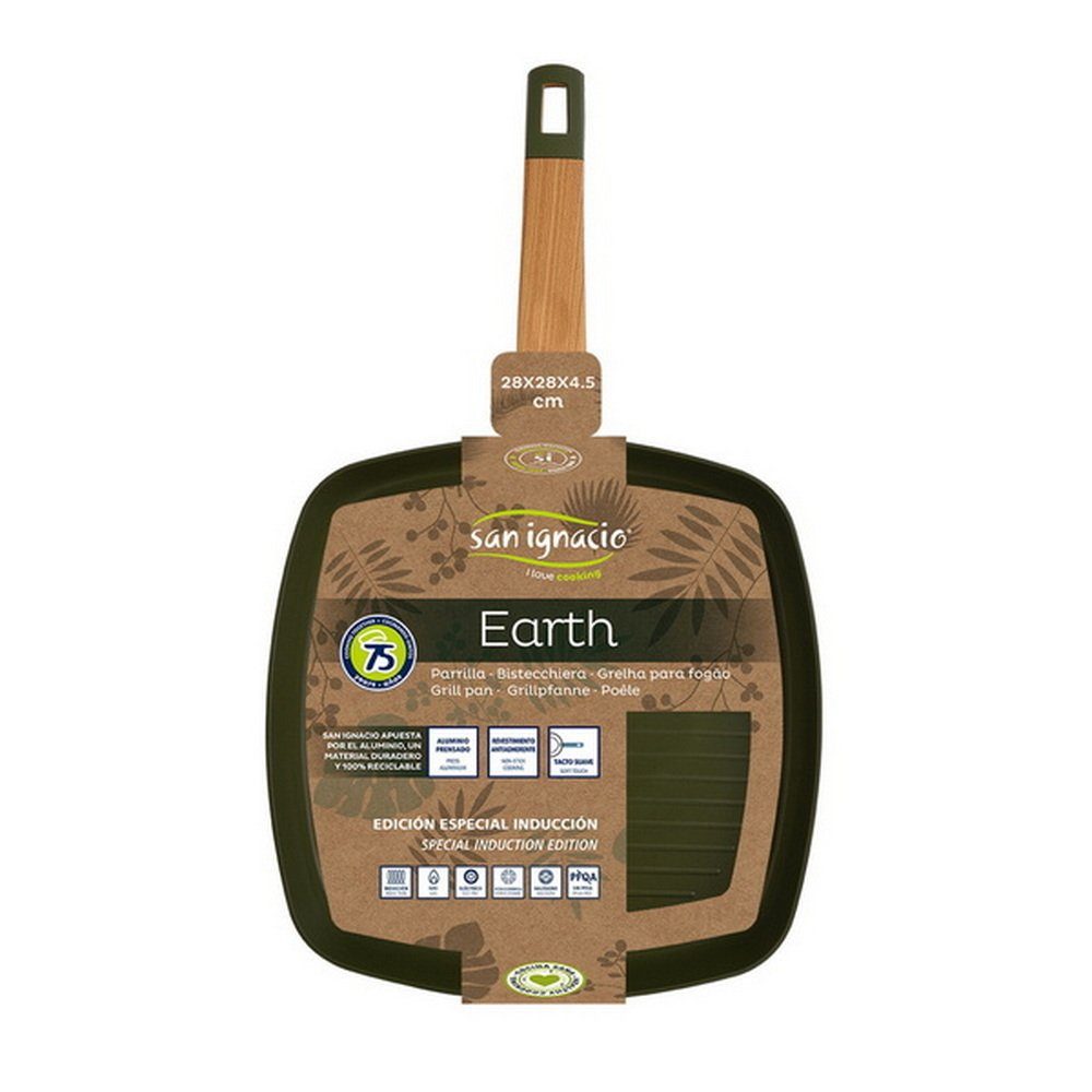 San Ignacio Bratpfanne 28 x 28 cm Grillpfanne "Earth" Pfanne SG-6764, Aluminiumguss (Griff in Holzoptik, Grün, Rechteckig), Maße Induktionsboden (rund): 25 cm Durchmesser