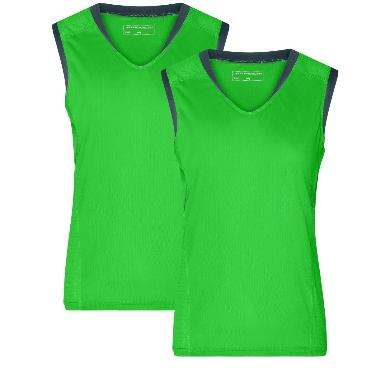 James & Nicholson und schnell trocknend green/iron-grey Damen Sportliches Lauftop 2er-Pack) Doppelpack Lauftop FunktionspolyesterJN469 aus Feuchtigkeitsregulierend (Doppelpack