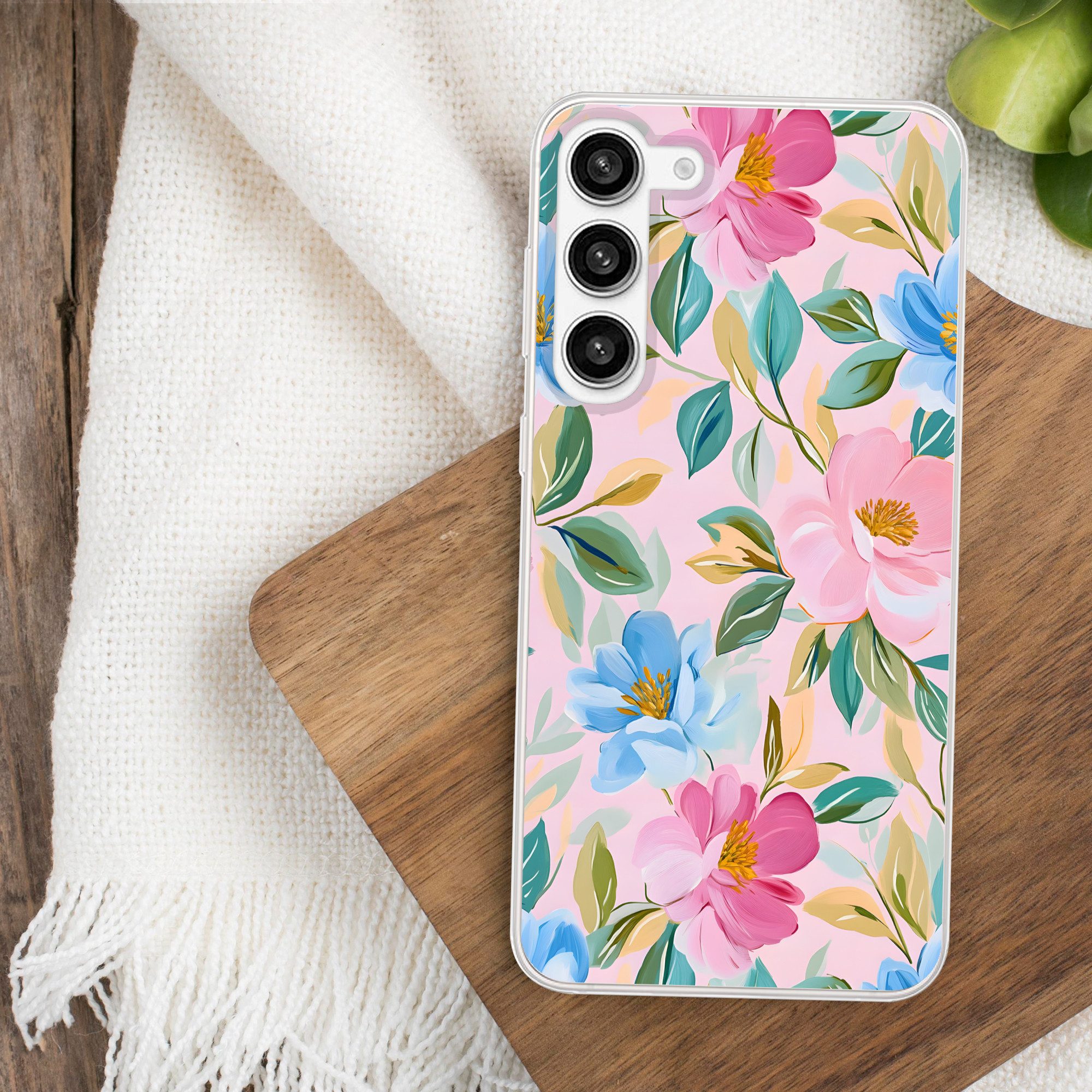 MuchoWow Handyhülle für Samsung Galaxy S23 Plus Blau - Rosa - Blumen, Phone Case, Silikon, Schutzhülle Dünn