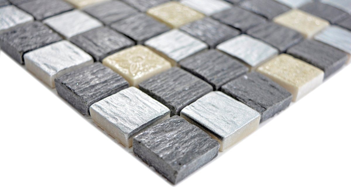 Mosani Mosaikfliesen Glasmosaik Resin Mosaik Matten / matt grau 10 schwarz
