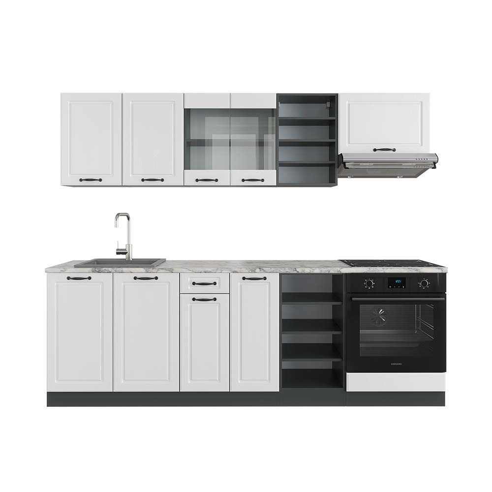 Vicco Küchenzeile R-Line, Weiß Landhaus/Anthrazit, 240 cm, AP Marmor