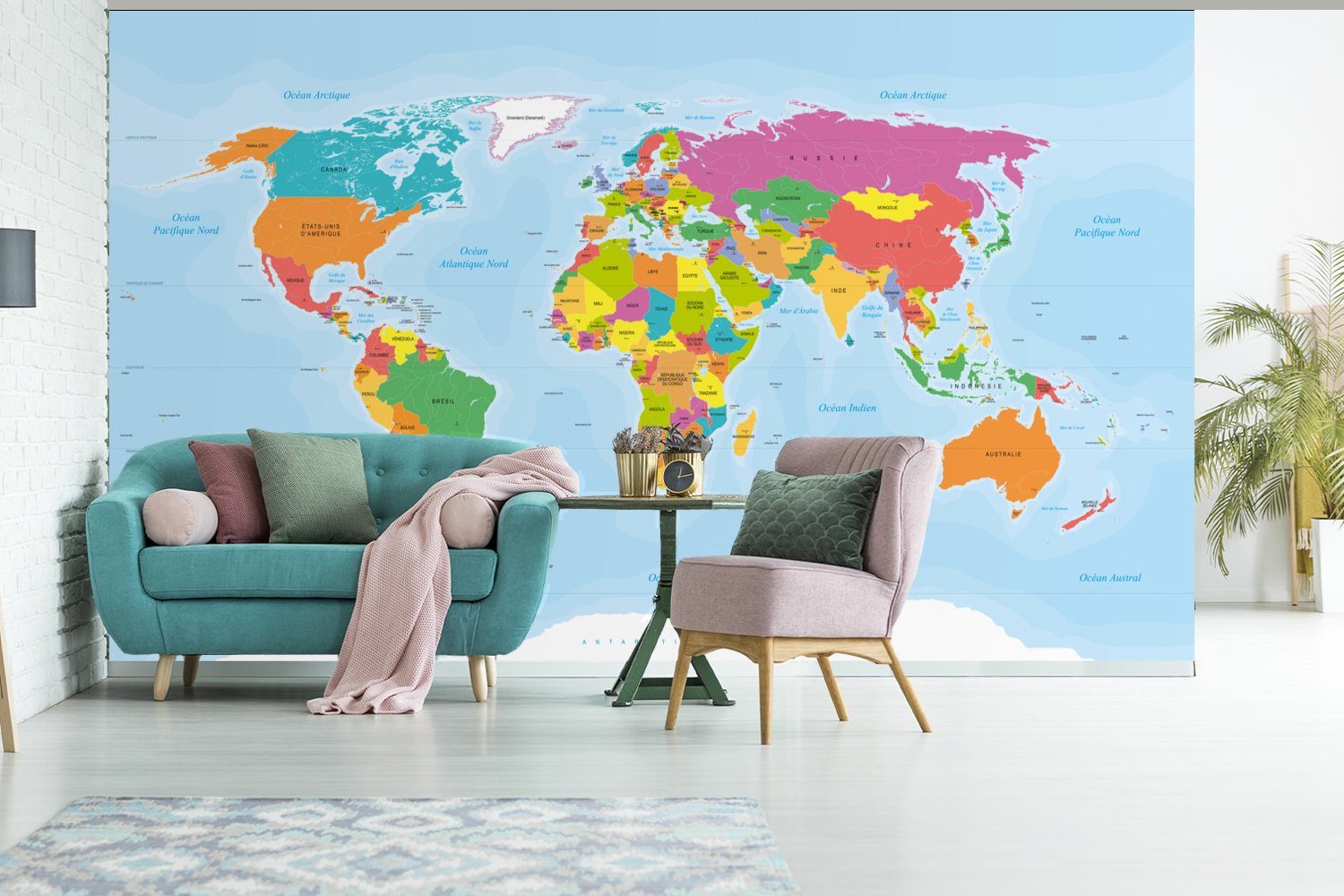 MuchoWow Fototapete Französische Weltkarte - Wohnzimmer, Einfach, Farben für - Wallpaper bedruckt, Schlafzimmer, Matt, Kinderzimmer, Vinyl St), (8 Tapete