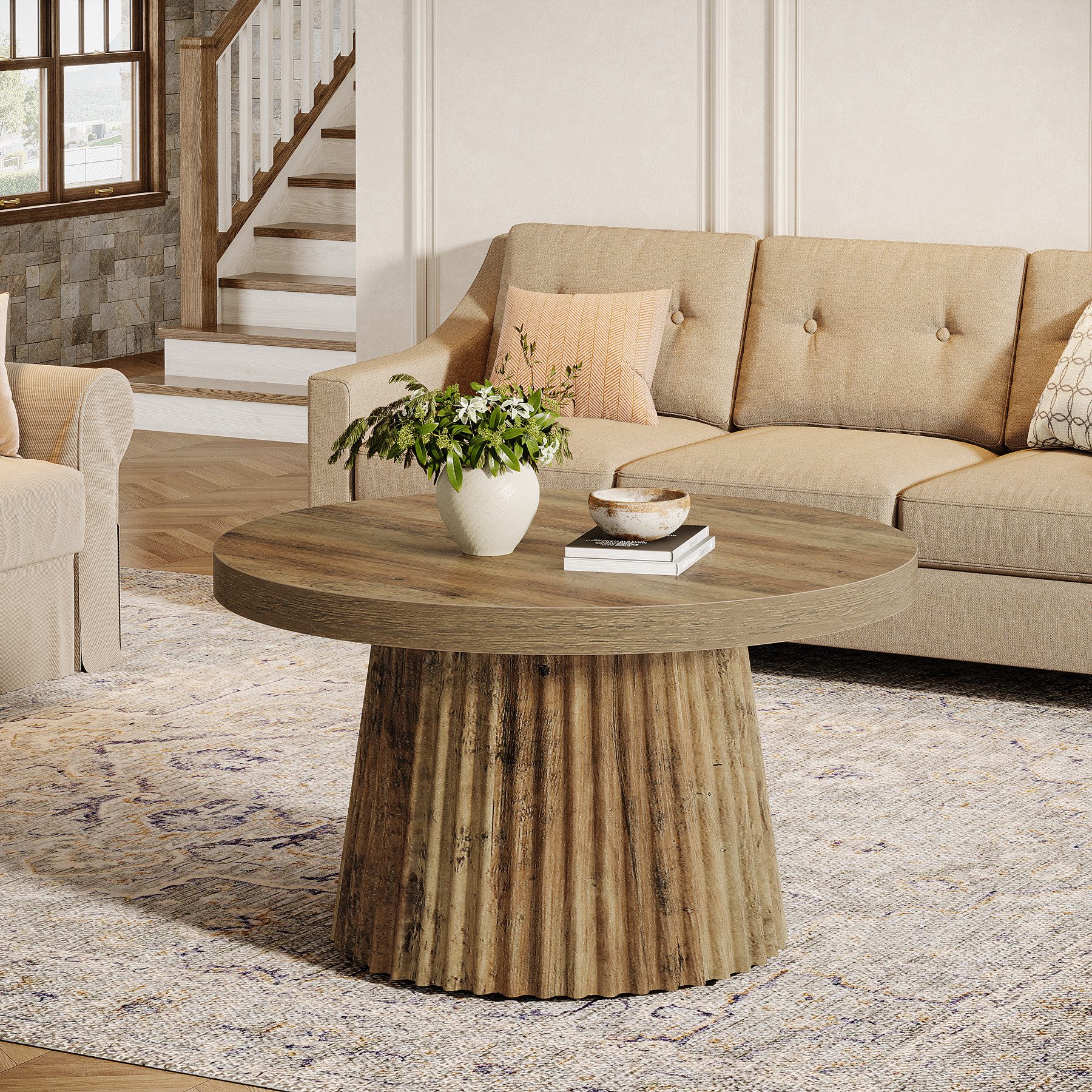 Tribesigns Couchtisch 80 cm Runder Wohnzimmertisch mit Trommel Basis und Holzoptik – Braun