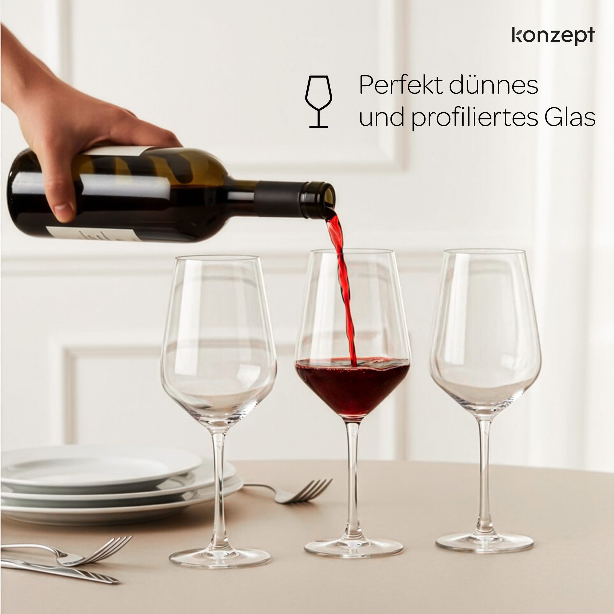 KONZEPT Weinglas 6er-Set 580 ml – Große dünnwandige Gläser für optimale Aromaentfaltung, 6-tlg., Elegante Form – ideal für Rotwein