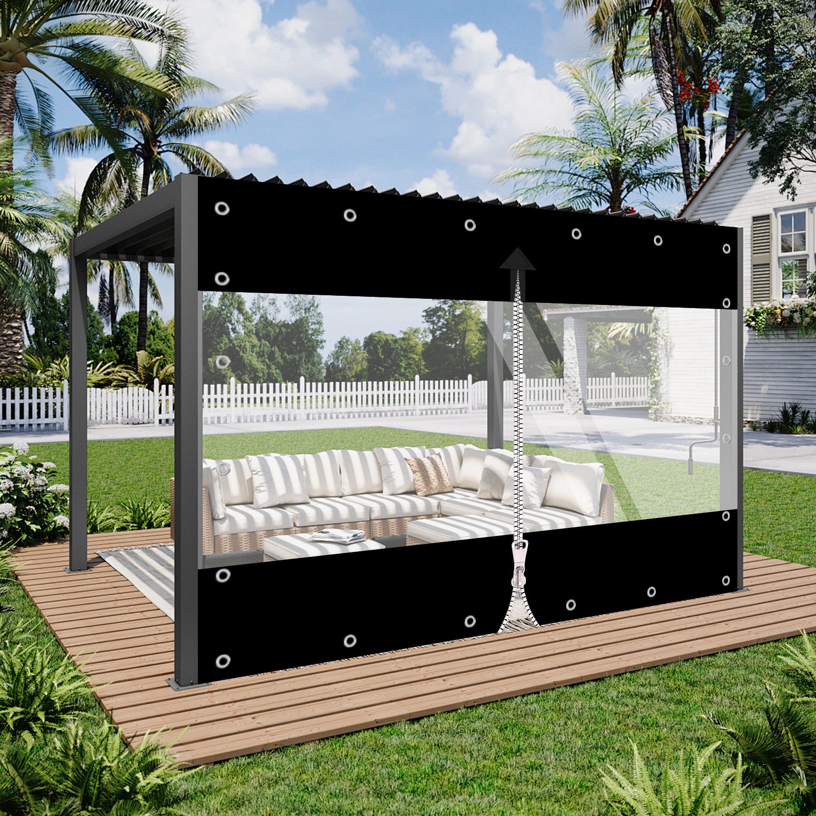 ele eleoption Pavillon-Schutzhülle Transparenter PVC Vorhang Outdoor 650 g/m² mit Doppelreißverschluss, Transparent, wasserdicht, winddicht, 2-fach RV, 30mm-Ösen