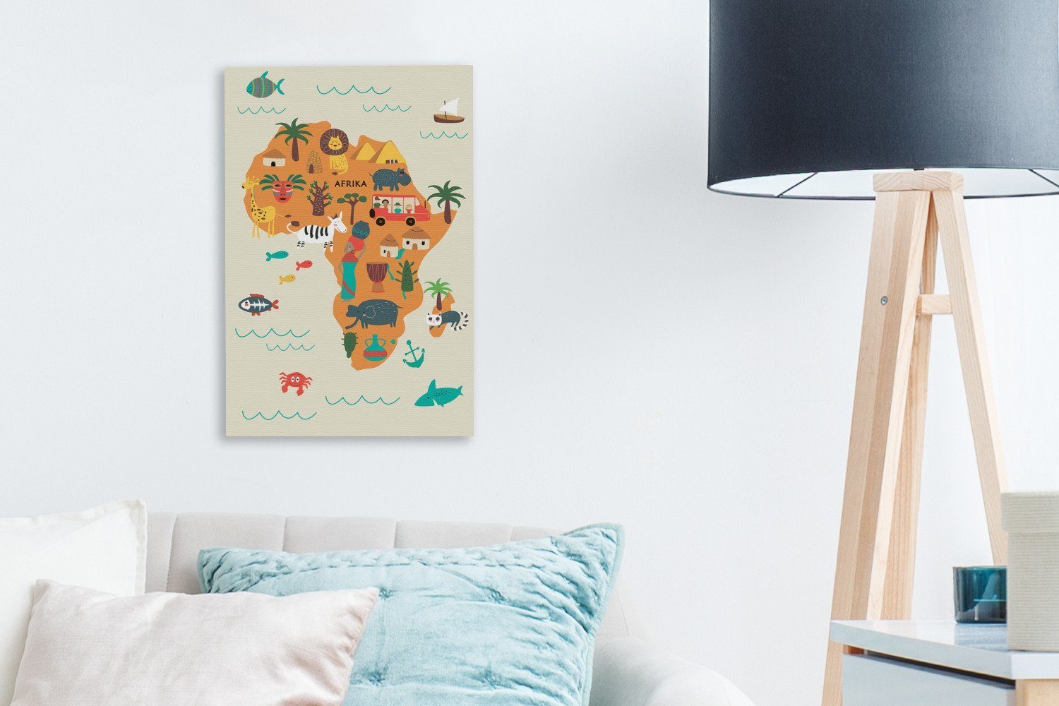 inkl. cm Gemälde, Leinwandbild 20x30 St), Leinwandbild - Kinder (1 OneMillionCanvasses® Afrika fertig - Weltkarte bespannt Orange, Zackenaufhänger,