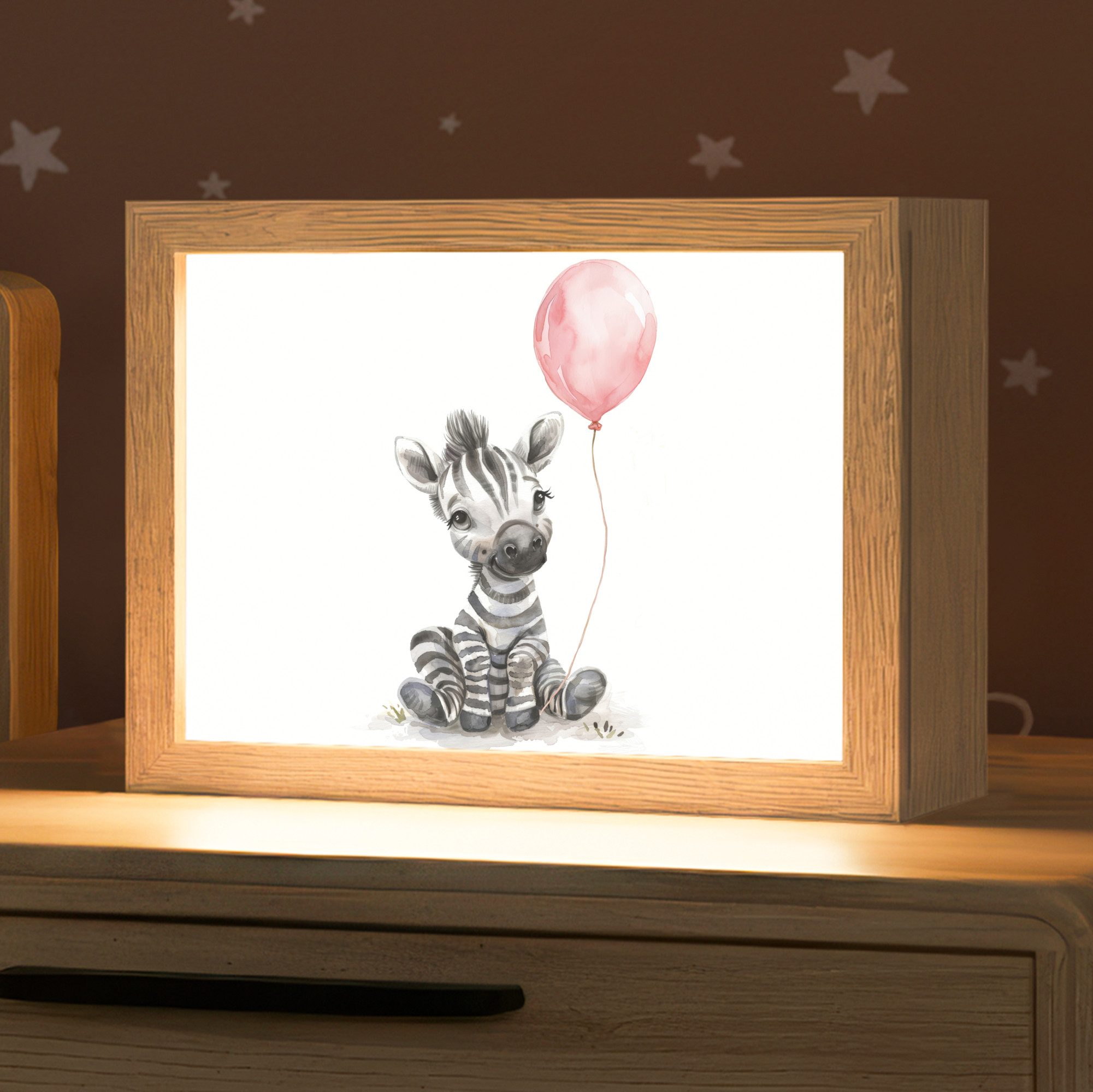 OnlyWow Nachttischlampe Lightbox Zebra - Baby - Tiere - Rosa Luftballon - Mädchen, Dimmbar, Farbwechsel, LED, Warmweiß, Kaltweiß, Neutralweiß Einstellbar, Nachtlicht, Kinder- und Babyzimmer, Dimmbar, mit Kabel, Tischleuchte