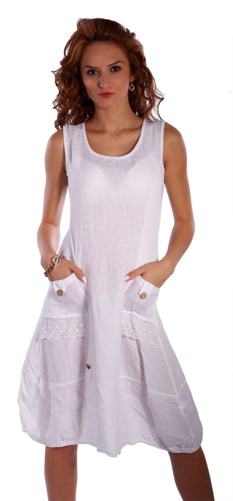 Charis Moda Sommerkleid Leinen Kleid ärmellos mit schönen Details Weiß