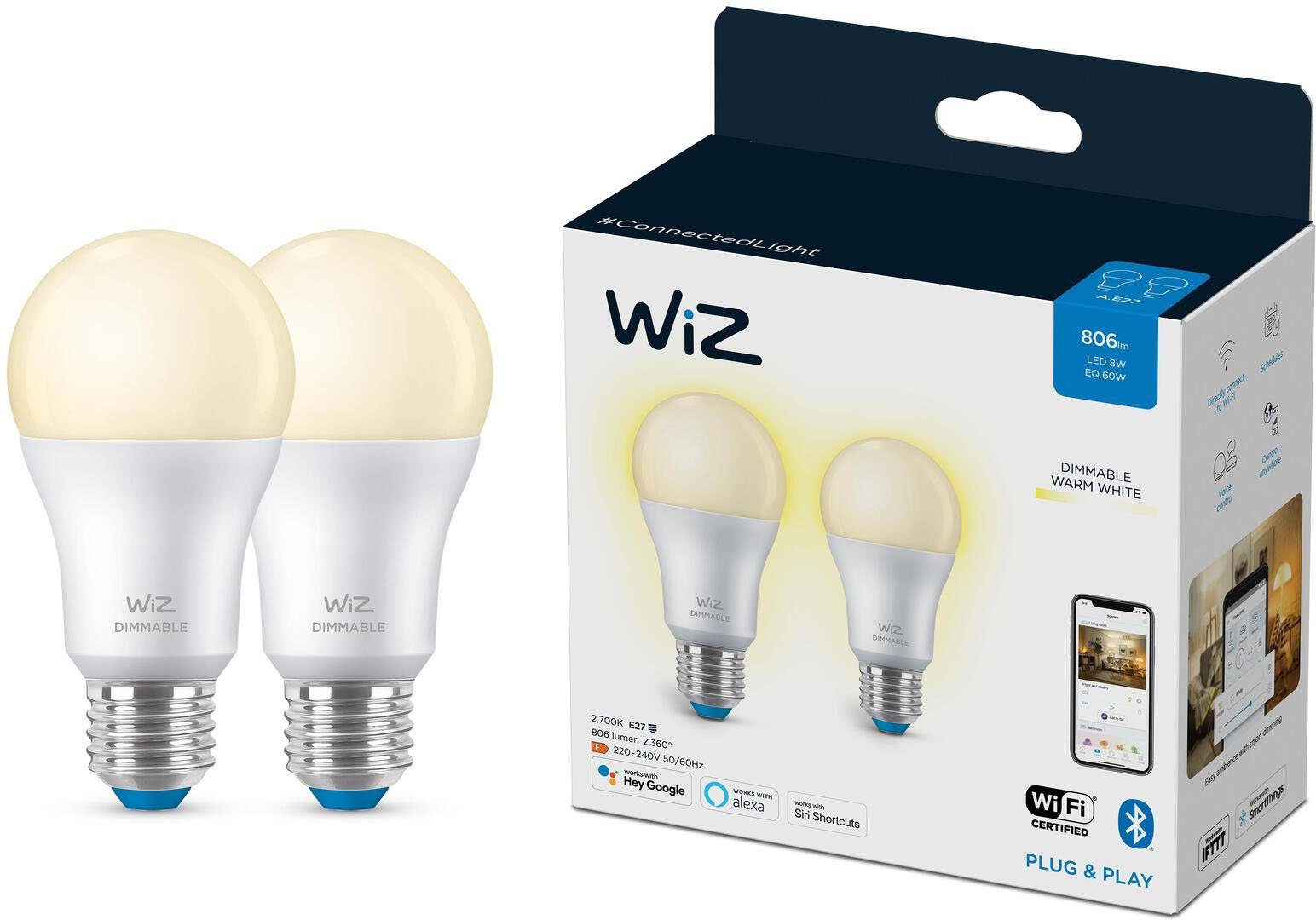 WiZ LED-Leuchtmittel White 60W Warmweiß Standardform E27 Doppelpack, matt Dimmable E27