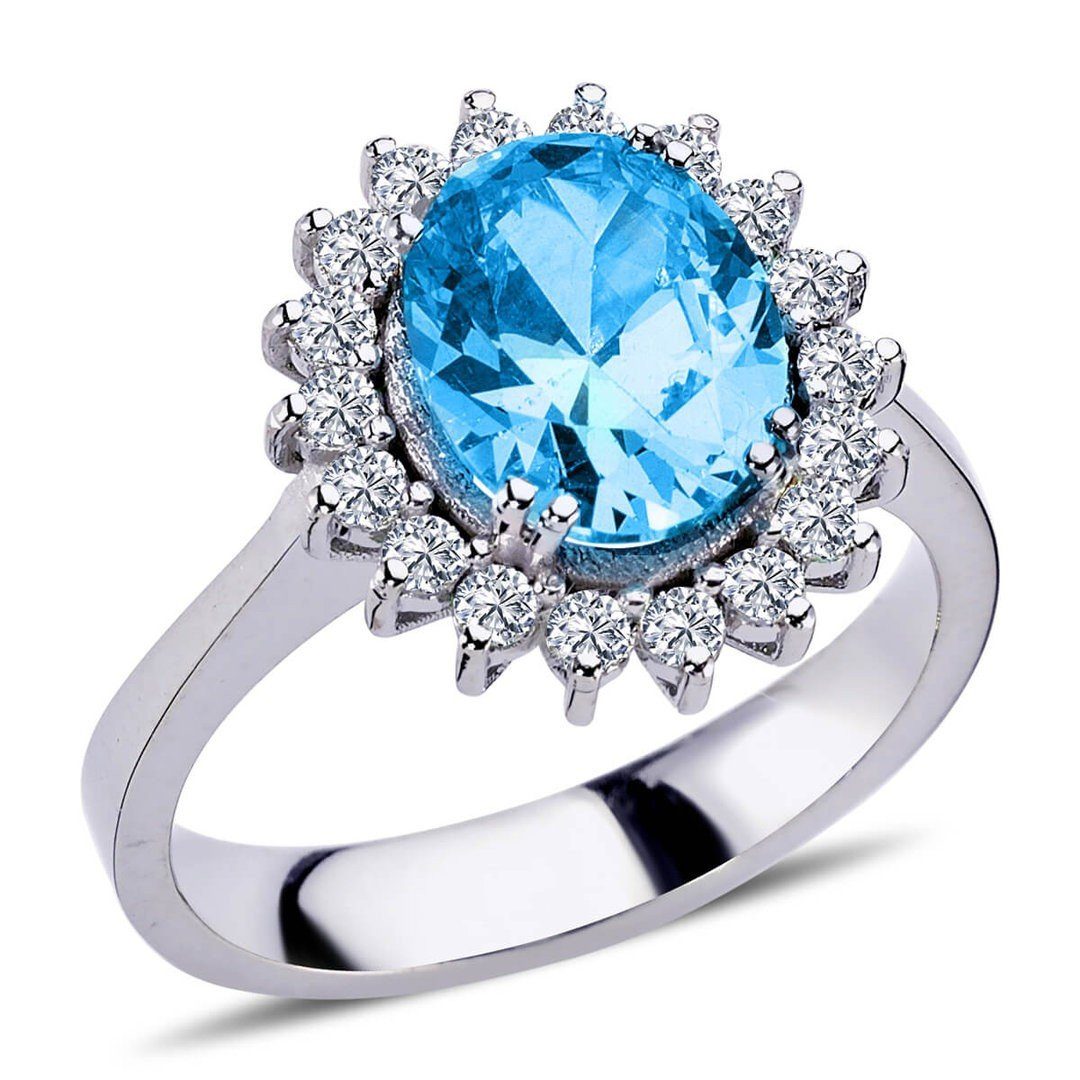 EinStein Diamant Diamantring Diamant Oval Blauer Topas Entourage Ring 14 Karat Weißgold, Rubin, Diamantring, Damenring, Unbehandelter Diamant, Brillant-Schliff