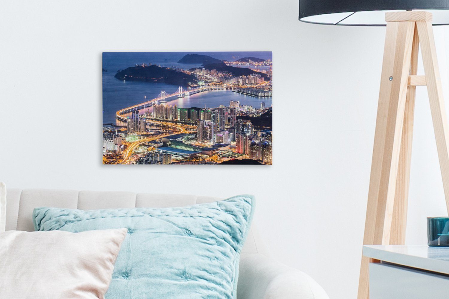 Leinwandbilder, (1 Aufhängefertig, Skyline Busan Abend, von St), Südkorea OneMillionCanvasses® cm Wanddeko, in am Wandbild Leinwandbild 30x20