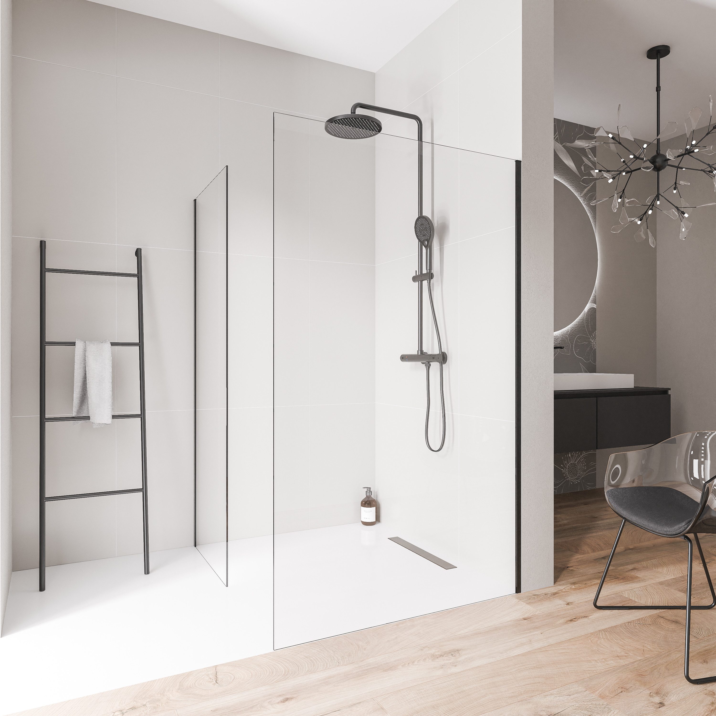 Bernstein Walk-in-Dusche EX102, Einscheibensicherheitsglas (ESG), (2 tlg., Ohne Bodenprofil), Klarglas, 10 mm, Ohne Bodenprofil, Profil Schwarz matt