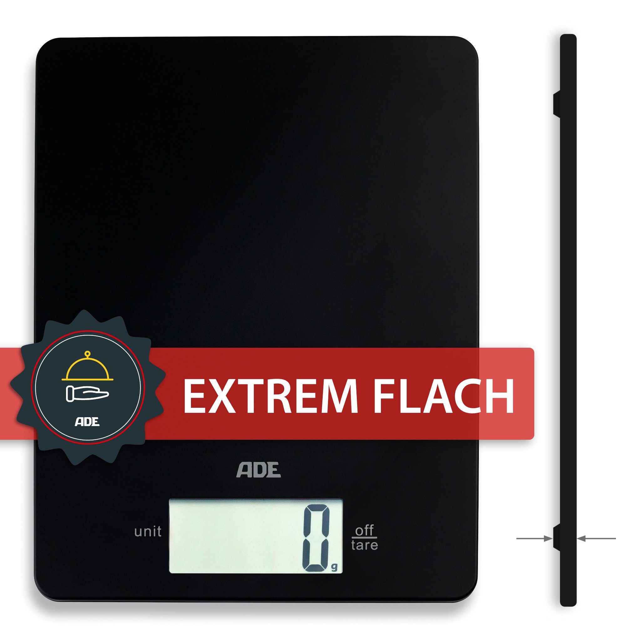ADE Küchenwaage extrem flache Waage, nur 9mm hoch, platzsparend verstaubar, besonders präzise bis 5 kg