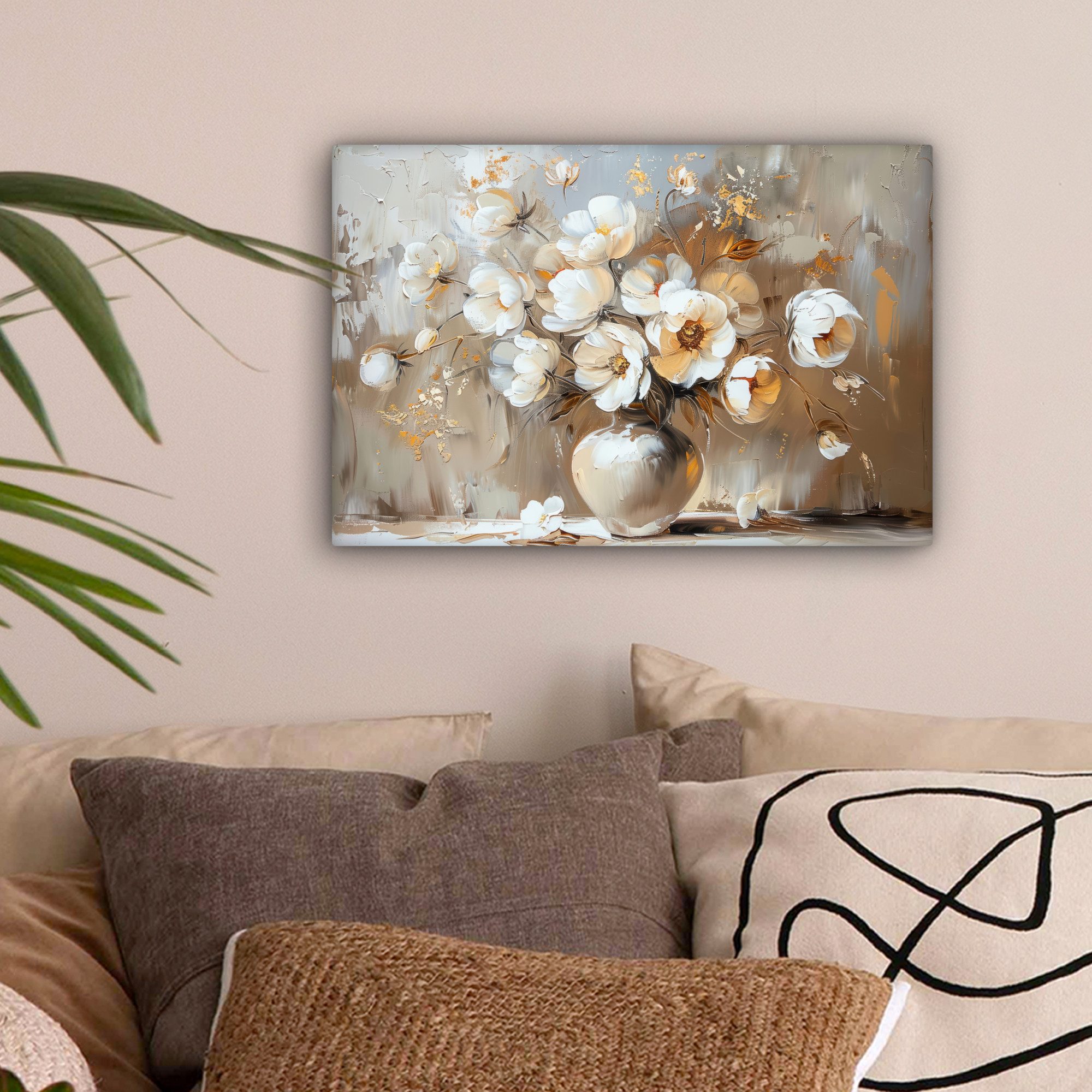 OneMillionCanvasses® Leinwandbild Vase - Blumen - Kunst - Gold, Fotodruck (1 St), Leinwand Bilder Klein, Wand Dekoration Aesthetic 30x20 cm