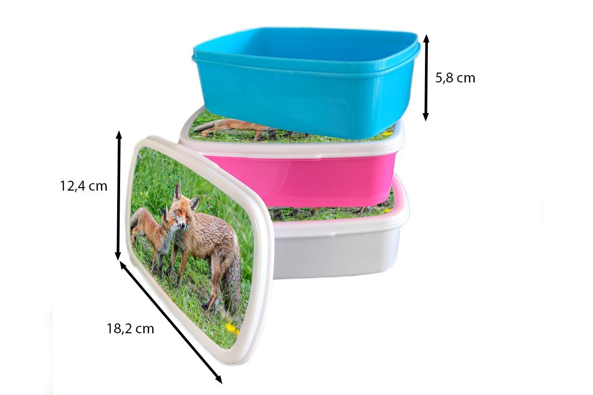 MuchoWow Lunchbox Füchse - Kind für Gras, Kunststoff, Mädchen, Kinder, Kunststoff Brotbox Erwachsene, rosa Snackbox, - (2-tlg), Brotdose