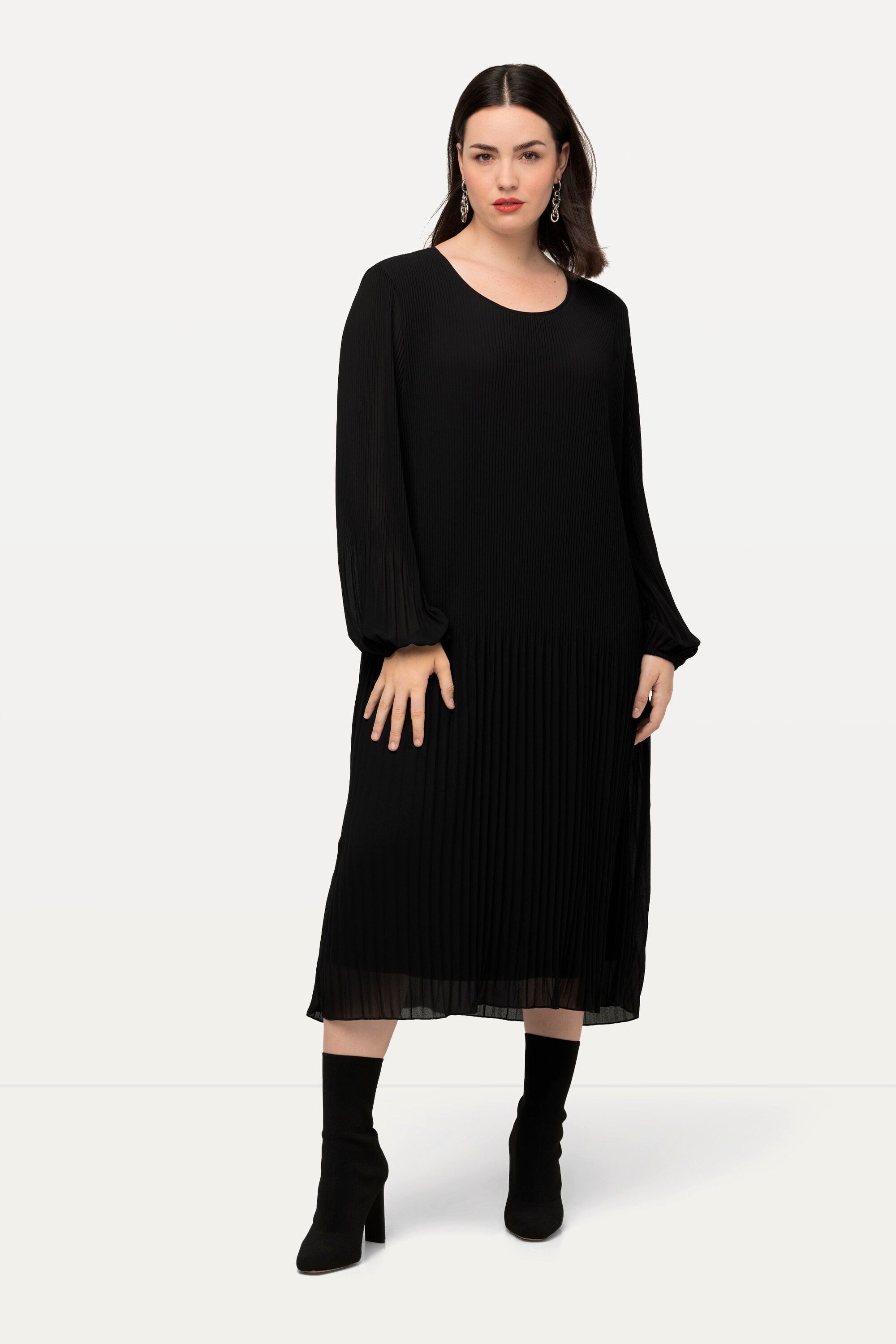 Ulla Popken Midikleid Plissee-Midikleid A-Linie Rundhals günstig online kaufen
