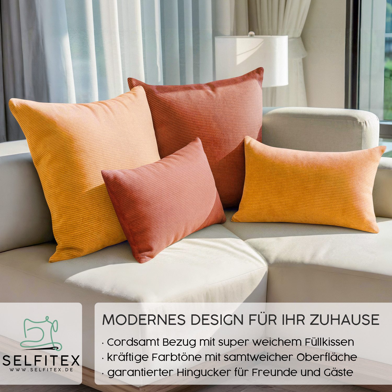 Selfitex Dekokissen 4er Set Cord Kissen inkl. Füllkissen, 2x 50x50 & 2x 30x50, robuster Bezug mit satten Farben, weiches Füllkissen