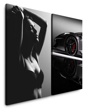 Sinus Art Leinwandbild 2 Bilder je 60x90cm Aktfotografie schöne Frau Sexy Schwaz Weiß Lamborghini Super-Car Traumauto