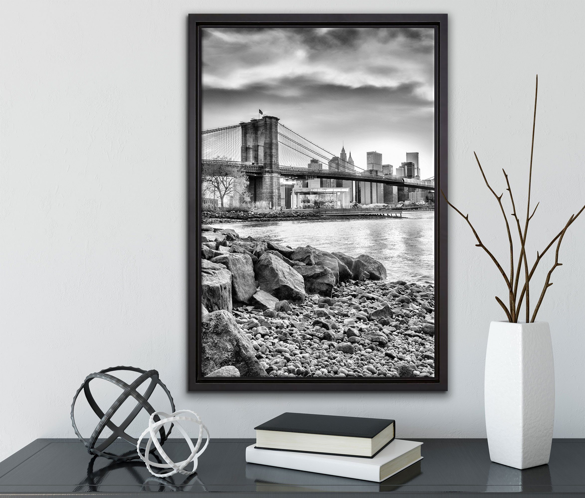 einem Leinwandbild fertig Leinwandbild Schattenfugen-Bilderrahmen inkl. (1 St), Brooklyn Bridge, Zackenaufhänger bespannt, in Pixxprint Wanddekoration gefasst,