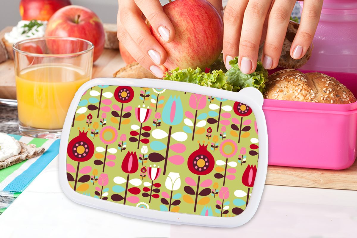 Kunststoff (2-tlg), Brotbox Erwachsene, Lunchbox Snackbox, Blumen Kinder, Farben, Muster - Mädchen, rosa Brotdose MuchoWow für - Kunststoff,