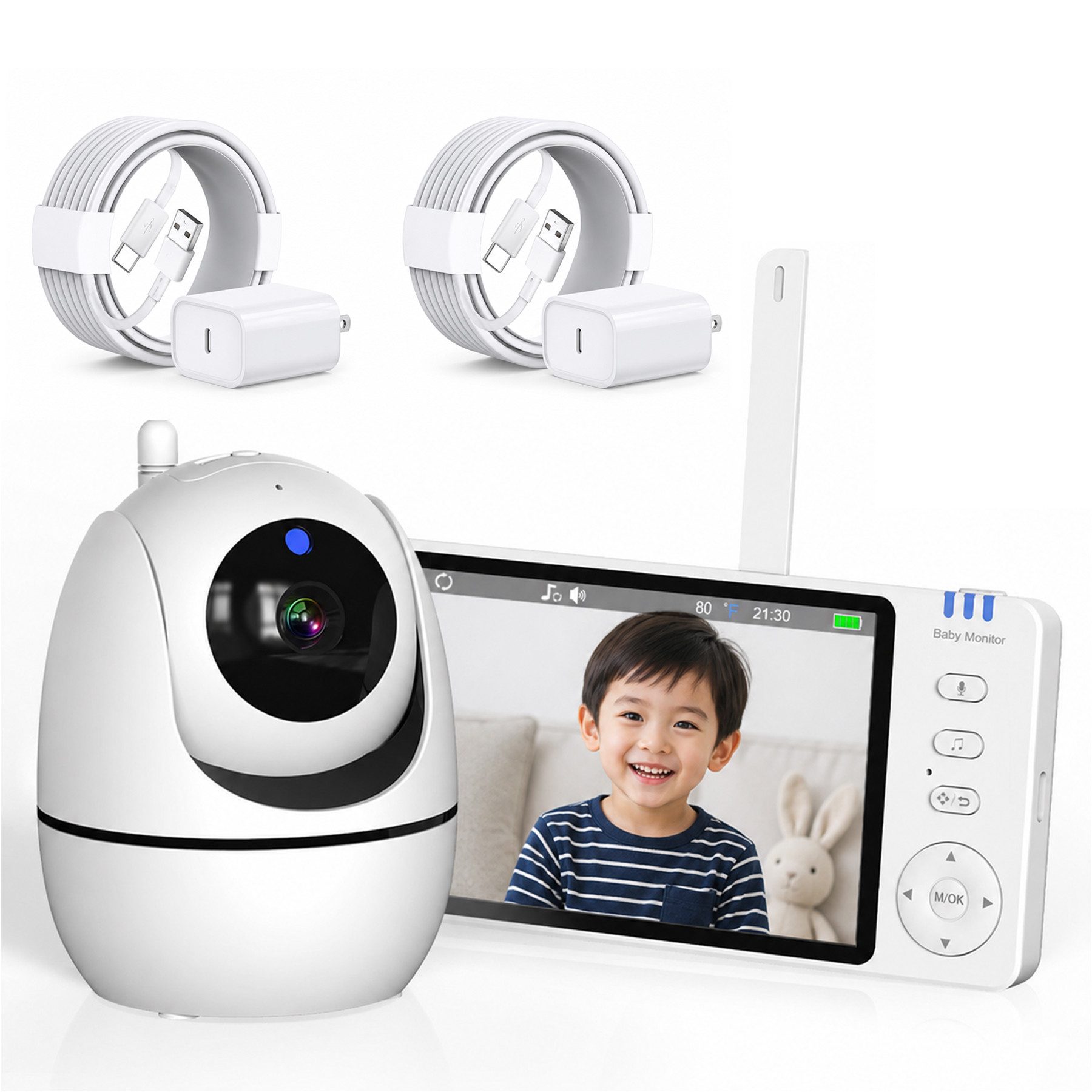 Senmudi Babyphone Babyphone mit Kamera, 3500 mAh 5 Zoll Bildschirm,Kabelgebundene Kamera, 355° Schwenken-95° Neige-Zoomen, Babyfone ohne WLAN, 2 Wege Audio, Temperatur, 8 Schlaflieder, Nachtsicht, für Zuhause unterwegs,Eltern Babys Kita Senioren und Patienten