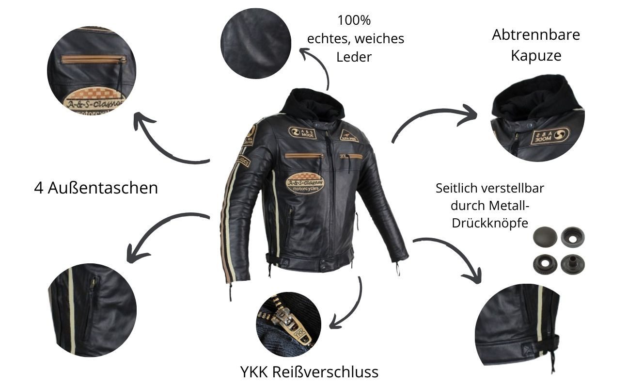 Alpha Speeds Motorradjacke - /Freizeit Herren Lammlederjacke Bikerjacke Highway 11 (Abnehmbares Innenfutter und Kapuze, (NEUE VERSION 2025) Aus weichem Lammleder, inkl. einsetzbarer Protektoren