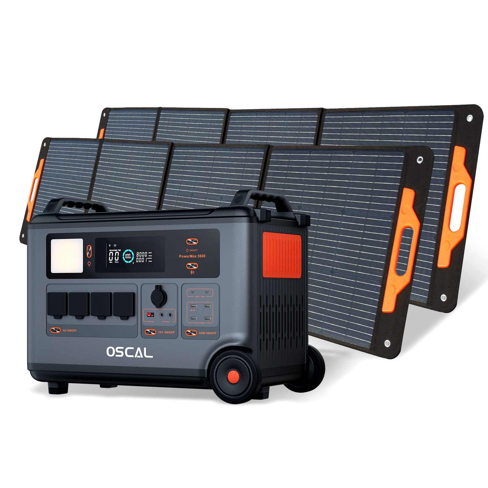 OSCAL Stromerzeuger PowerMax 3600W Powerstation, 3,60 in kW, 3600Wh, 14 Ausgänge, LED-Licht, LiFePO4 Solarspeicher