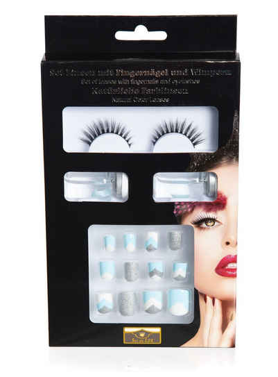 Metamorph Bandwimpern SFX Make-up Set hellblau-weiß, Kompaktes Schminkset mit Wimpern, Kontaktlinsen und Fingernägeln