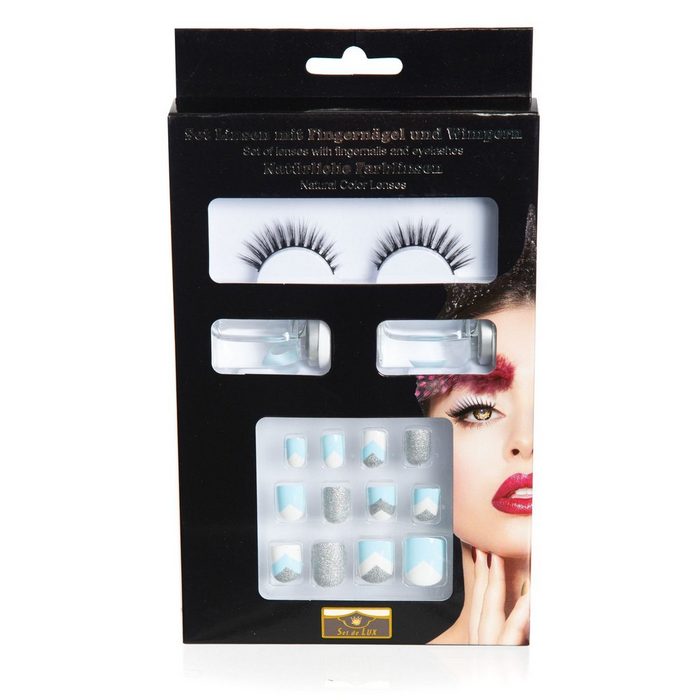 Metamorph Schmink-Set SFX Make-up Set hellblau-weiß Kompaktes Schminkset mit Wimpern Kontaktlinsen und Fingernägeln