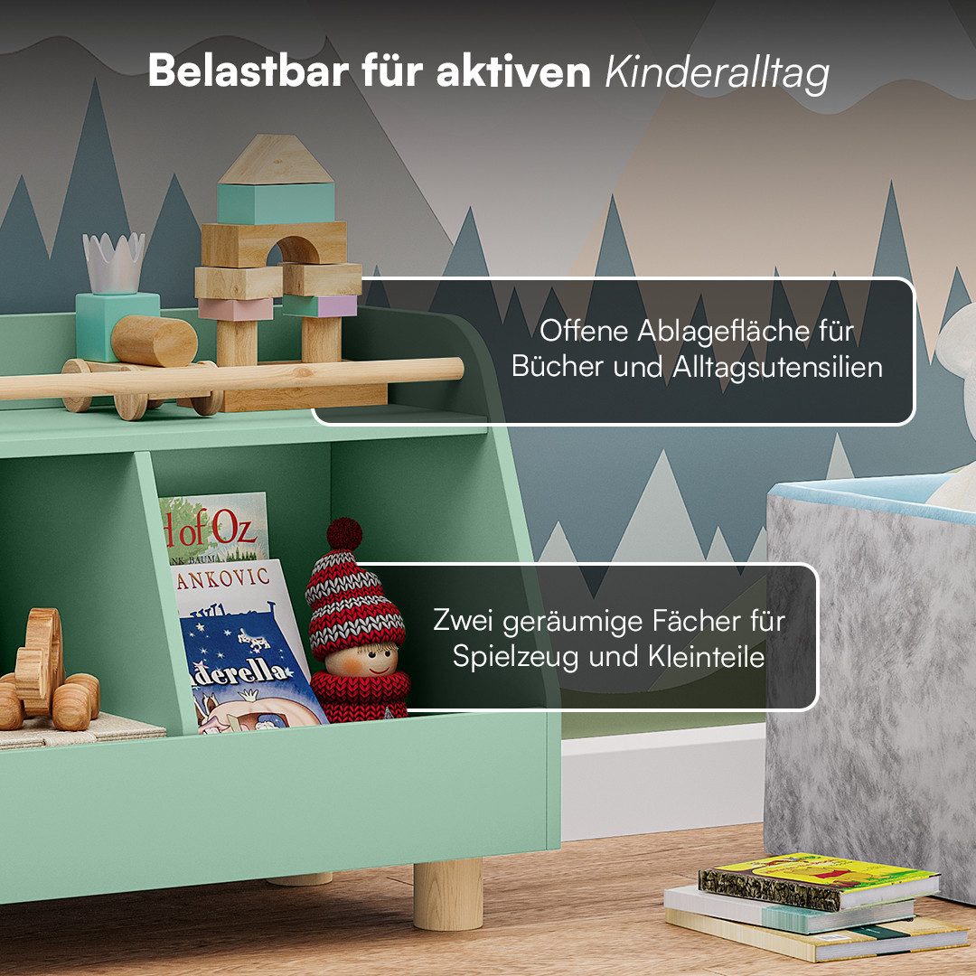 Bellabino Kinderregal Belly mit geräumigen Fächern und Ablagefläche, Spielzeugtruhe, Bücherregal aus Holz, 2 Fächer für Spielzeug, 1 Ablagefläche, mintgrün/natu – Bild 5 von 5