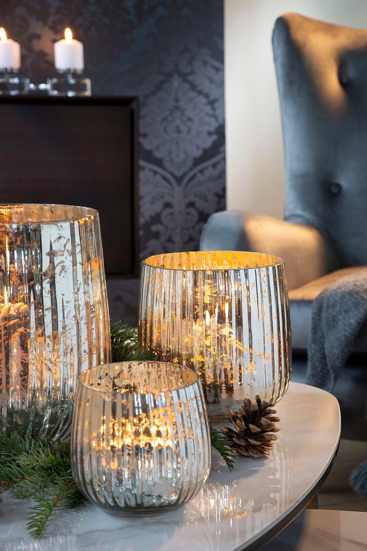 Fink Windlicht DARCY (1 St), Kerzenhalter aus Glas, mit Rillen, Höhe ca. 18 cm x Ø 18 cm