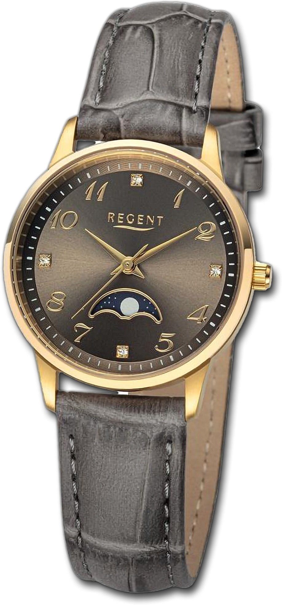 Regent Quarzuhr Regent Damen Armbanduhr Analog, Damenuhr Lederarmband braun, rundes Gehäuse, extra groß (ca. 31,5mm) | Quarzuhren