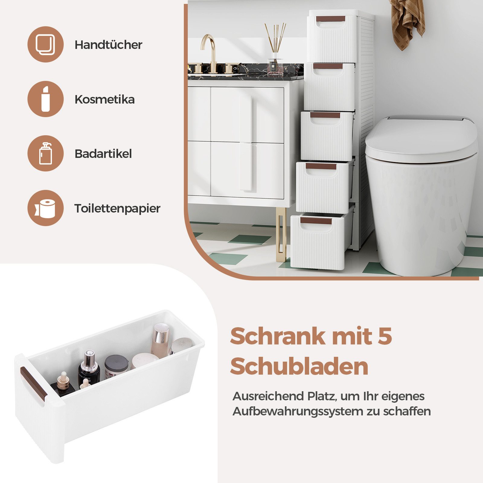 COSTWAY Beistellwagen Nischenschrank schmal, mit 5 Schubladen & Rollen, weiß – Bild 5 von 5