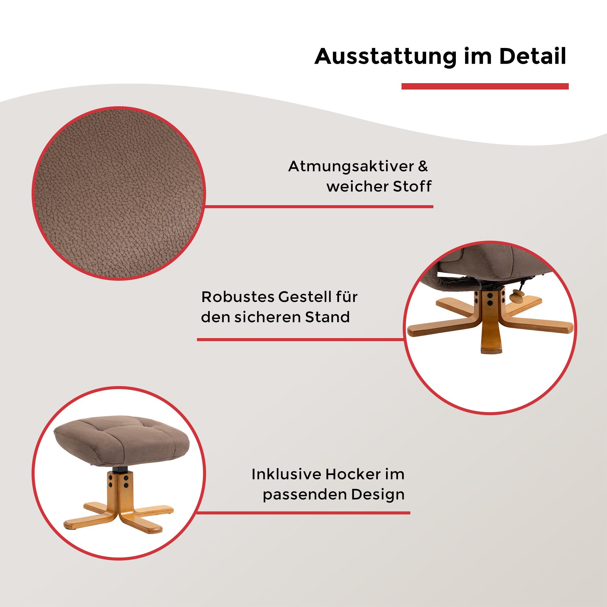 Duo Collection TV-Sessel Bordeaux, mit Hocker und Relaxfunktion, 360 Grad drehbar
