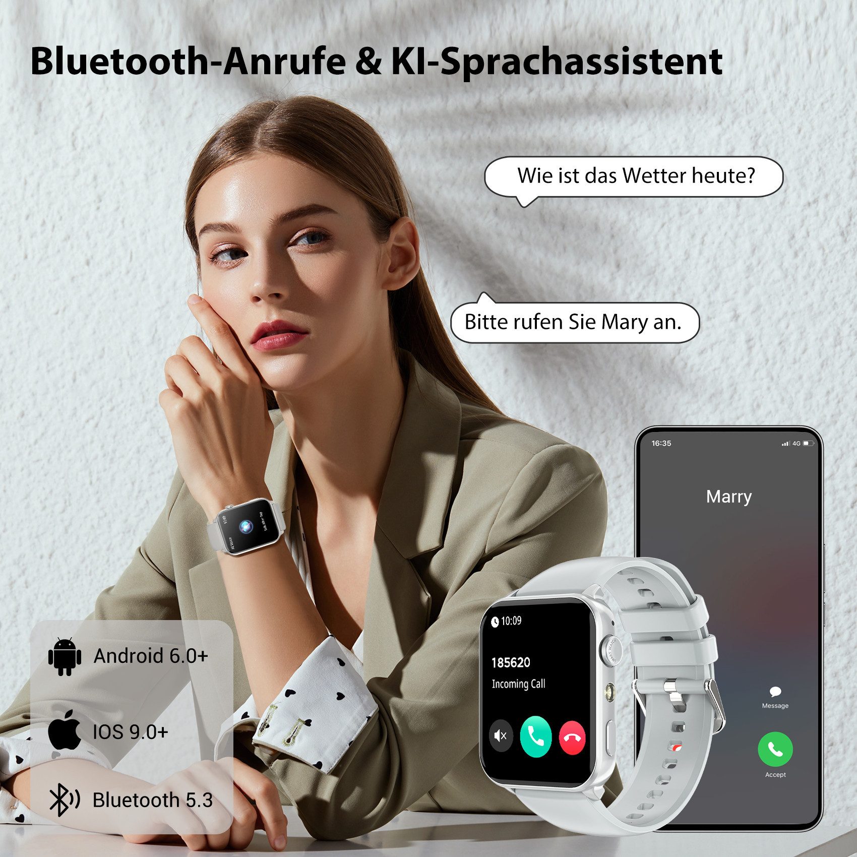 blackview Smartwatch Herren Damen, LED-Leuchte, 350mAh (6 Tage), 2 Armbänder Smartwatch (1.91 Zoll, iOS/Android), mit Wechselband aus weichemSilikon und Ladekabel, Antwort & Anruf tätigen,Herzfrequenz,Schlafmonitor,SpO2,Schritten,IP68