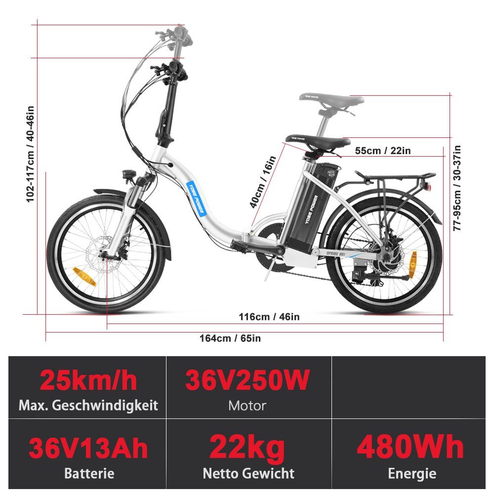 13Ah Faltrad weiß E-Bike Akku, Heckmotor, Klapprad Akku mit SHIMANO, 20" 481,00 Kettenschaltung, YOSE POWER Gang E-Bike 7 Wh