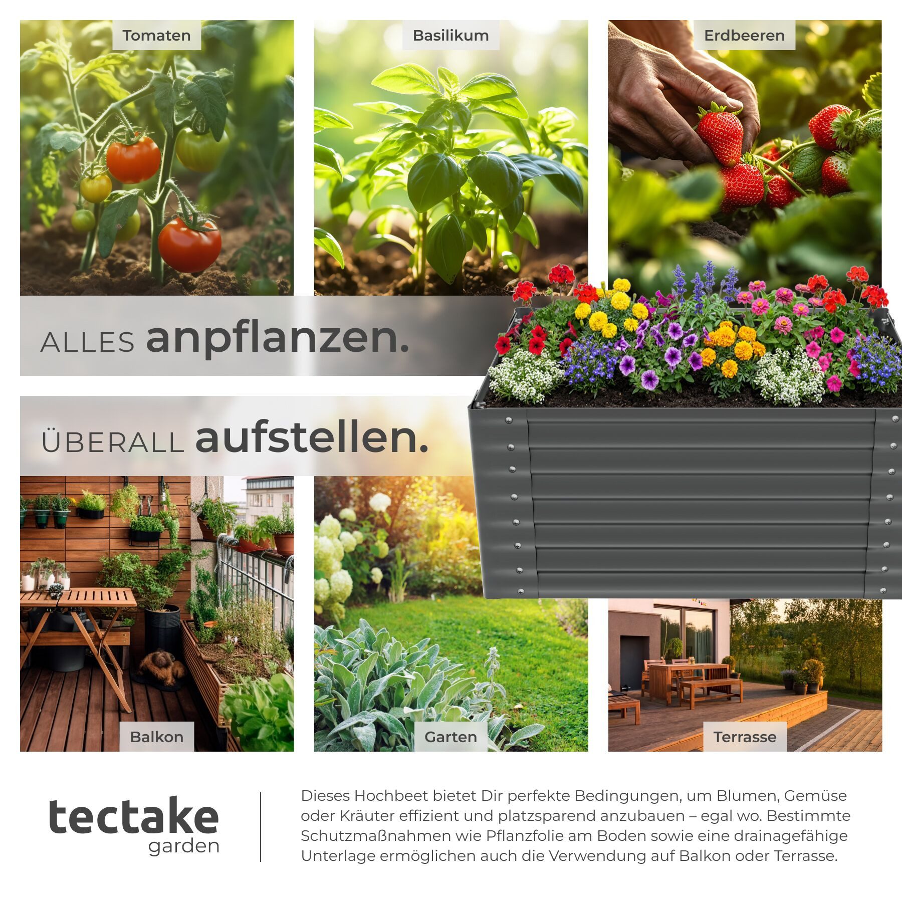 tectake Hochbeet Pflanzbeet 100 x 100 x 62 cm aus verzinktem Stahl, abgerundete (Gartenbeet Blomma, in Anthrazit), Inkl. Handschuhe, 600 l Fassungsvermögen, wit – Bild 5 von 5