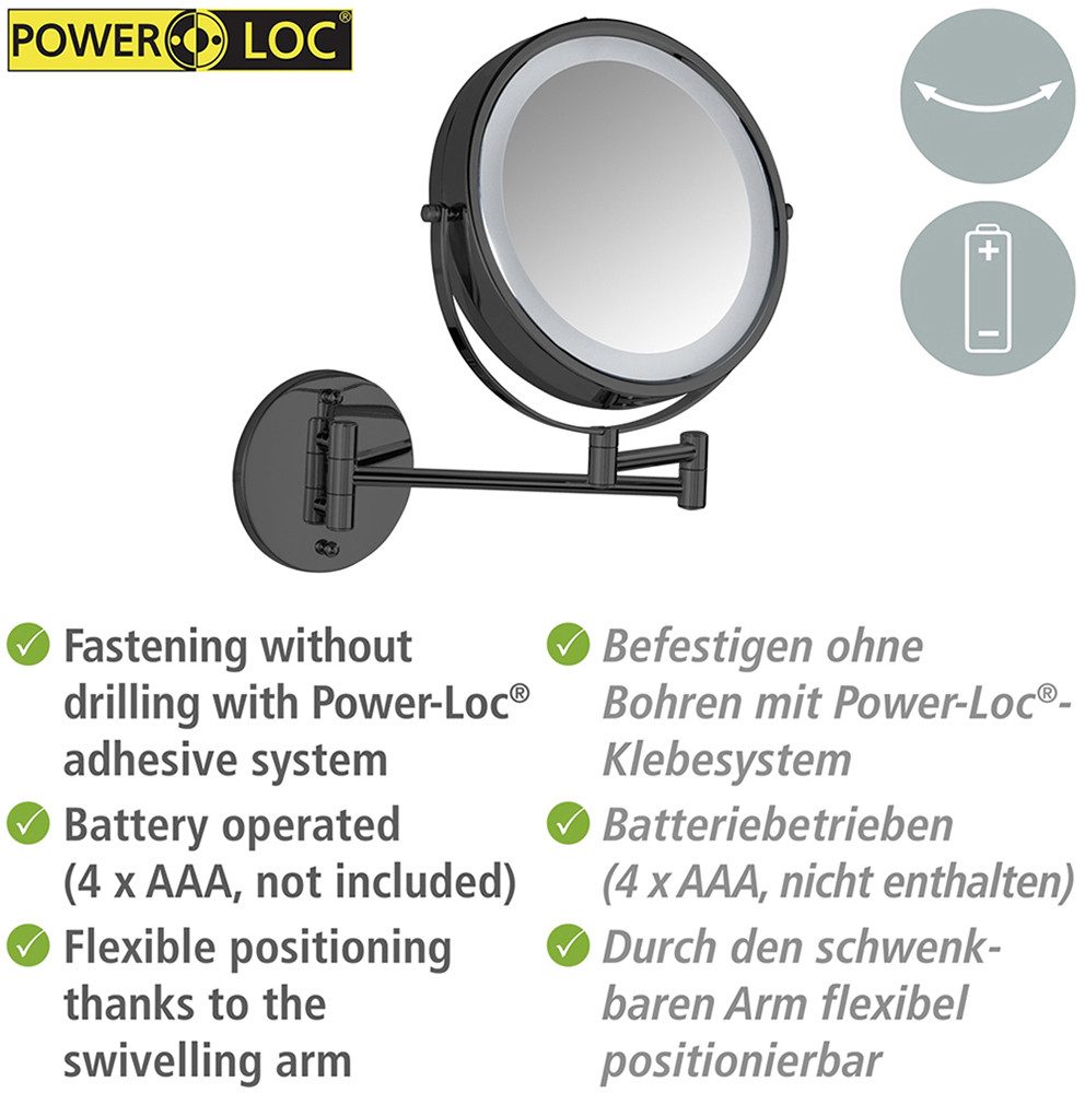 WENKO Wandspiegel Power-Loc® LED Modell Lumi, Kosmetikspiegel mit Beleuchtung, 5-fach Vergrößerung, ohne Bohren