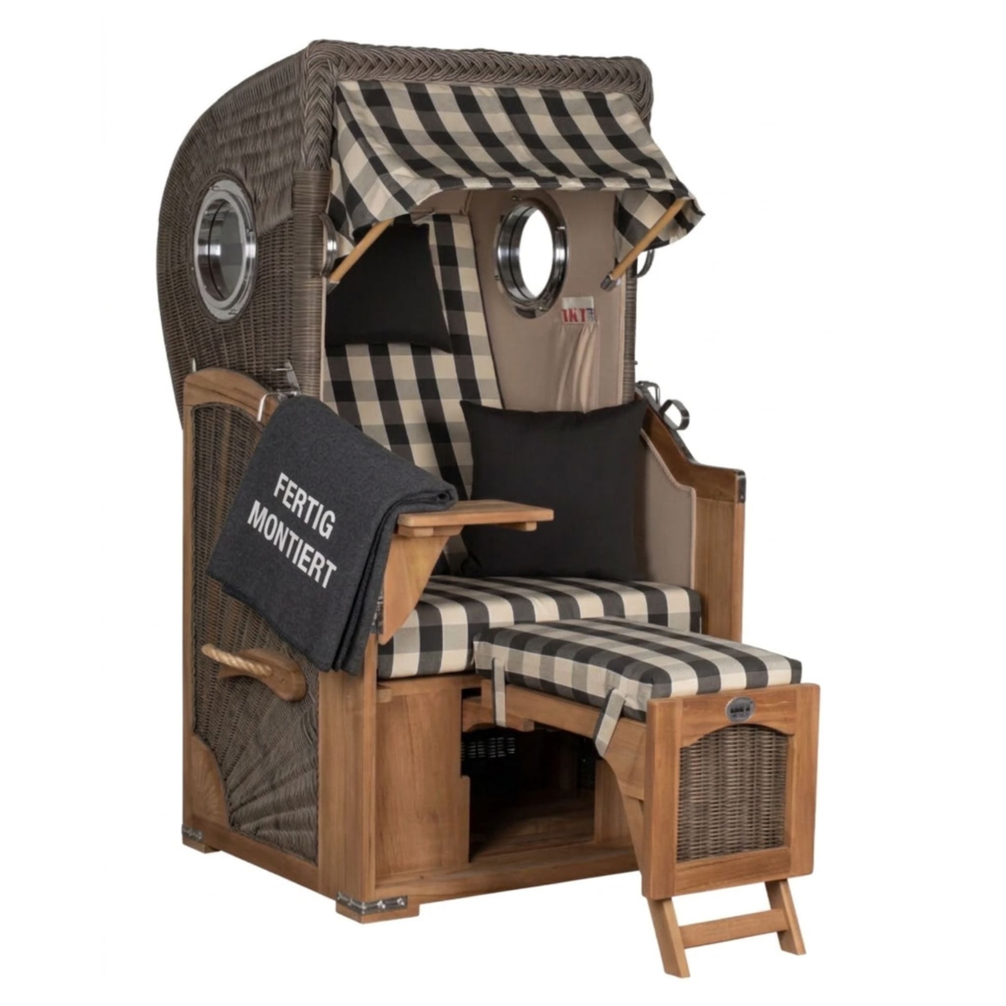 Strandkorb Düne Single 1-Sitzer Bullauge Teak PE-Geflecht Grey 96x165x80