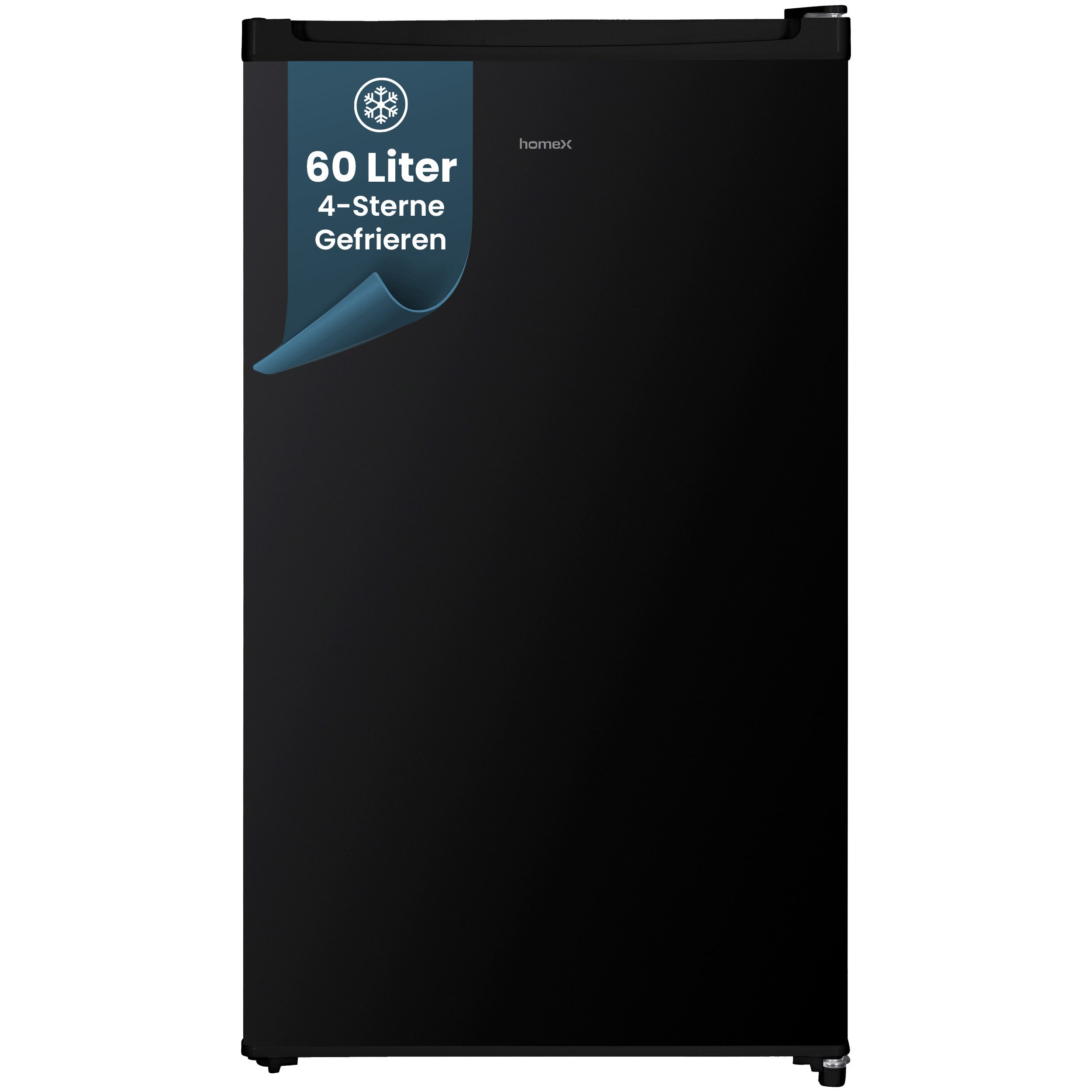 homeX Gefrierschrank FS1016-B, 85 cm hoch, 47.5 cm breit, 60 Liter, Tiefkühlschrank klein, Freezer, 4-Sterne Gefrieren, leise