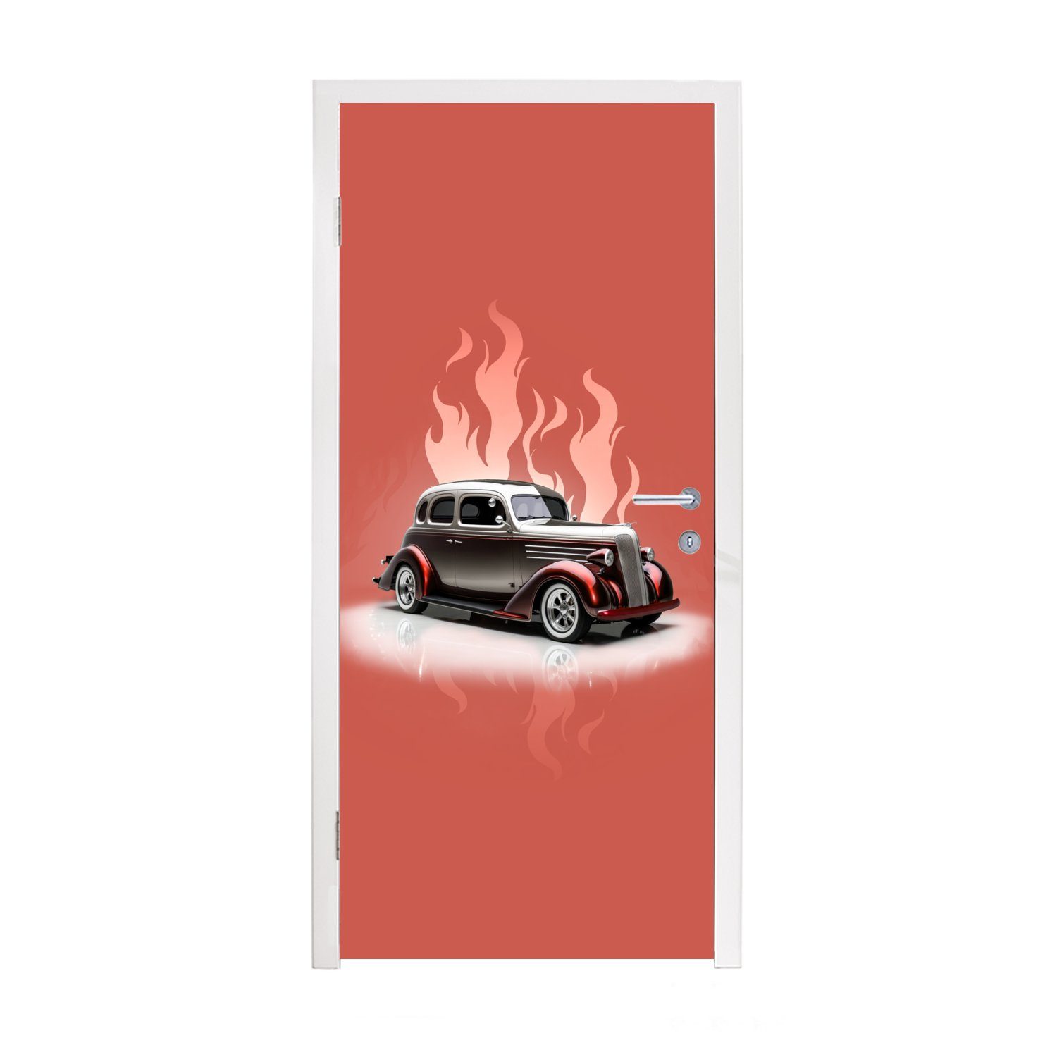 MuchoWow Türtapete Auto - Rosa - Vintage - Flammen, Matt, bedruckt, (1 St), Fototapete für Tür, Türaufkleber, 75x205 cm