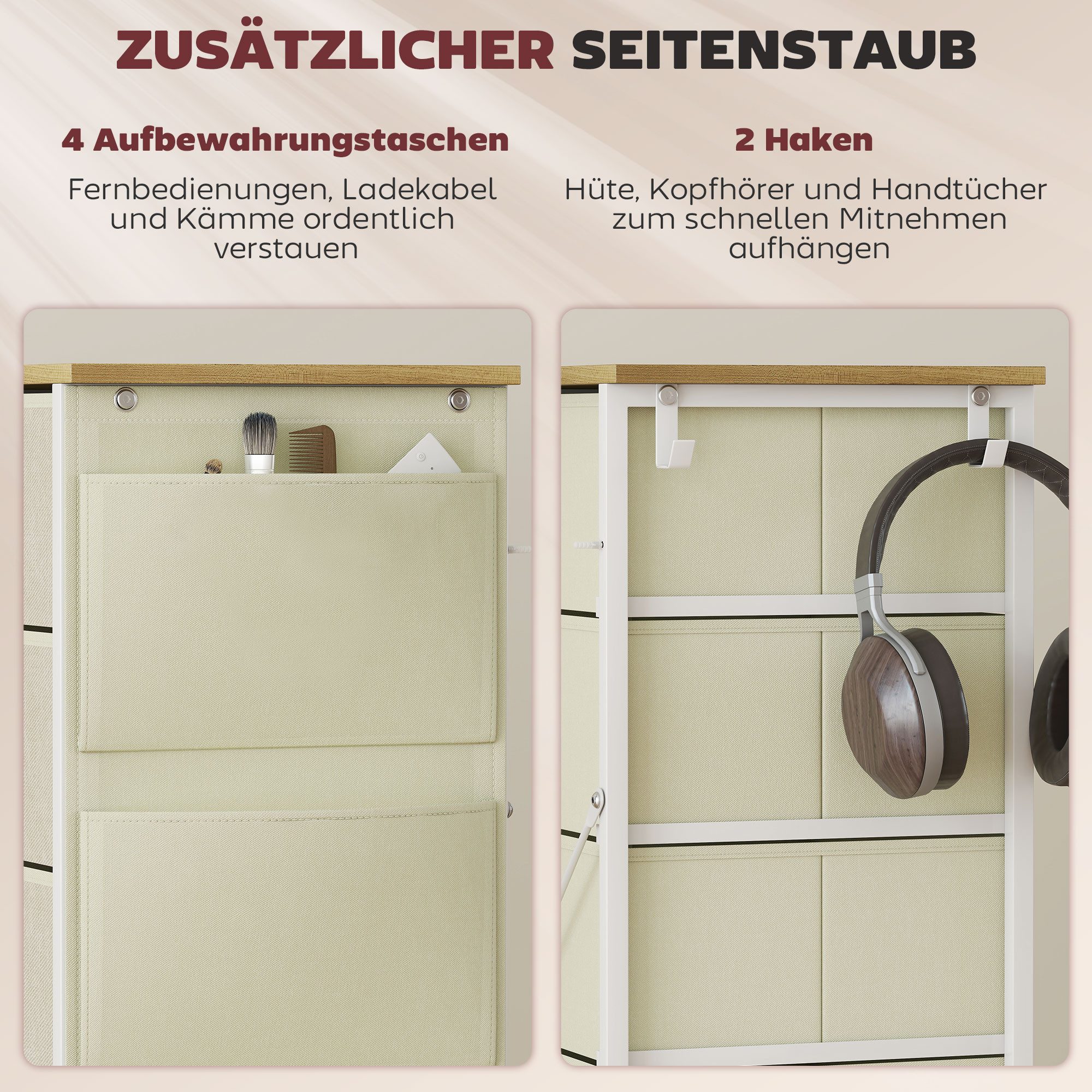 HOMCOM Kommode Aufbewahrungsschrank mit Haken, Stahlrahmen, Sideboard (Schrank, 1 St., Schubladenschrank), Kippsicherung, verstellbare Füße, mit Taschen – Bild 5 von 5