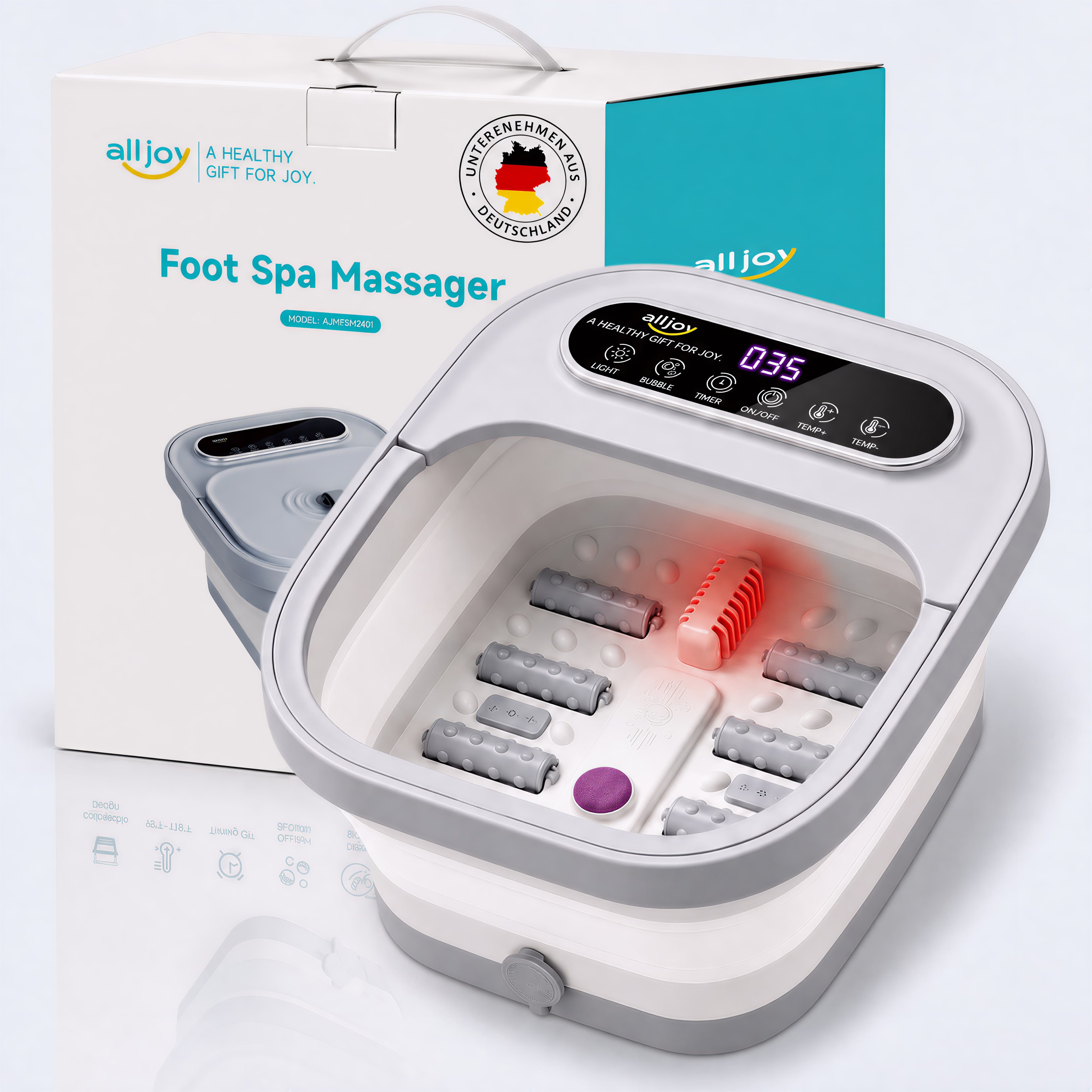 ALLJOY Fußbad Fußbad PTC-Heizung & Massage klappbar ideal für Senioren & Homeoffice, Klappbares Fußmassagegerät, LED-Temperaturregelung & Rotlicht, 6 Massagerollen mit Bimsstein