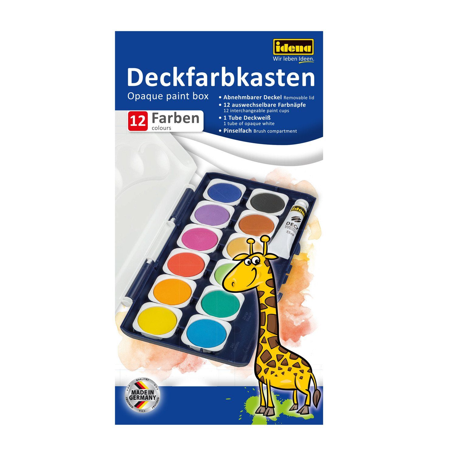Idena Farbkasten Idena 22061 Deckfarbkasten mit 12 Farben und 1 Tube Deckweiß, ideal