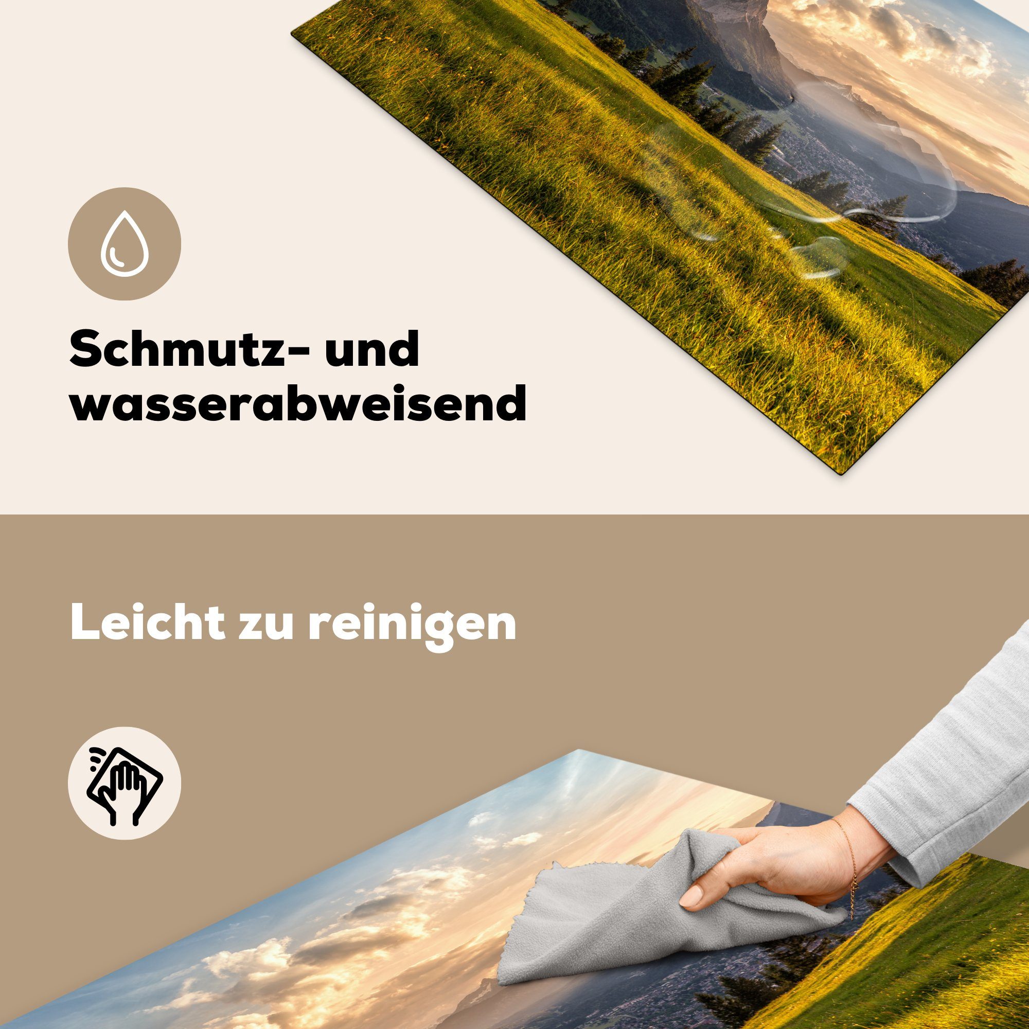 Schutz Vinyl, 81x52 Berg, - Herdblende-/Abdeckplatte küche, Induktionskochfeld für (1 - tlg), Ceranfeldabdeckung Alpen cm, die MuchoWow Sonnenuntergang