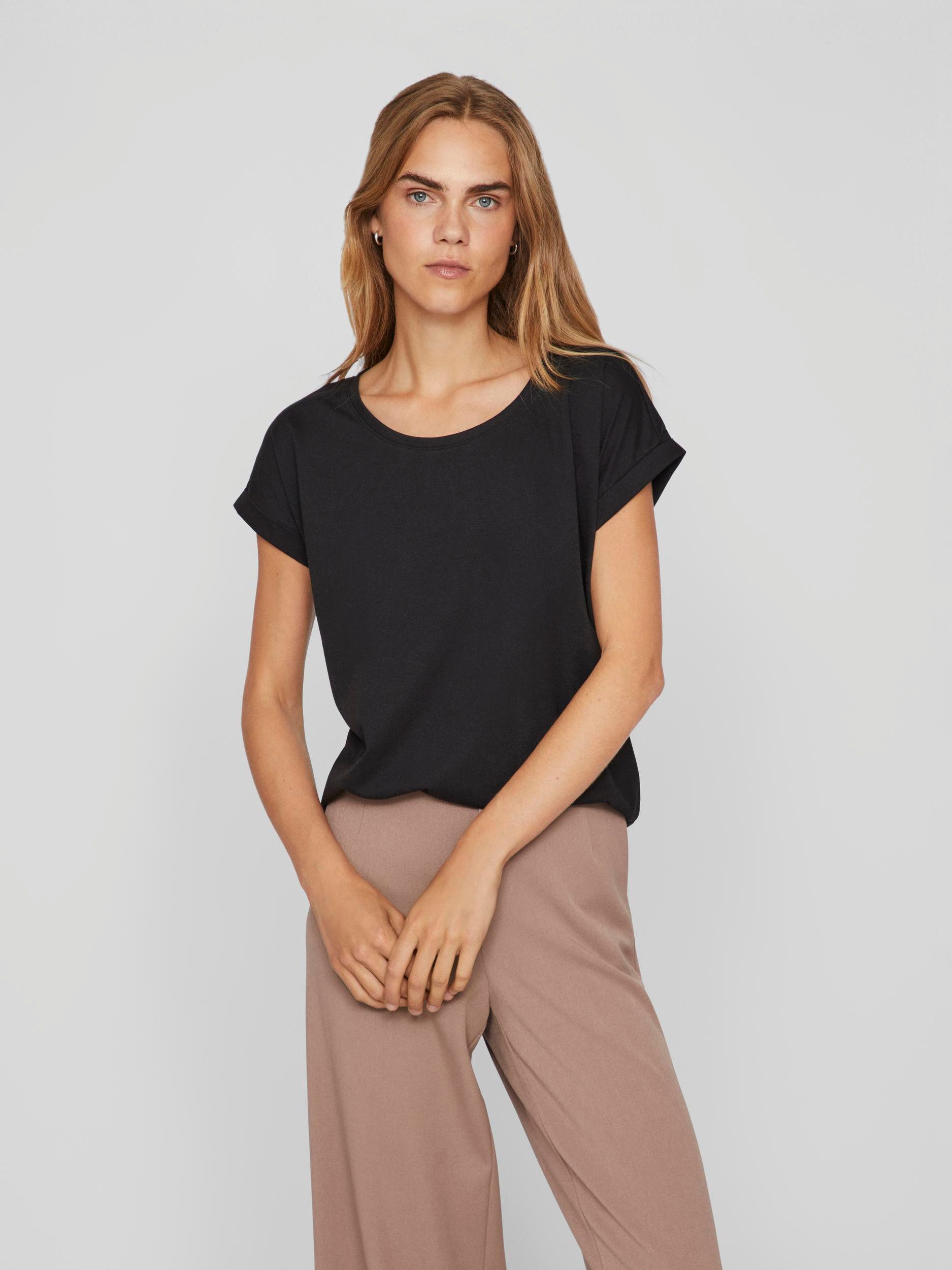 Vila Rundhalsshirt VIDREAMERS NEW PURE T-SHIRT/SU-NOOS Basic Damen-T-Shirt mit Rundhalsausschnitt und umgeschlagenen Ärmeln