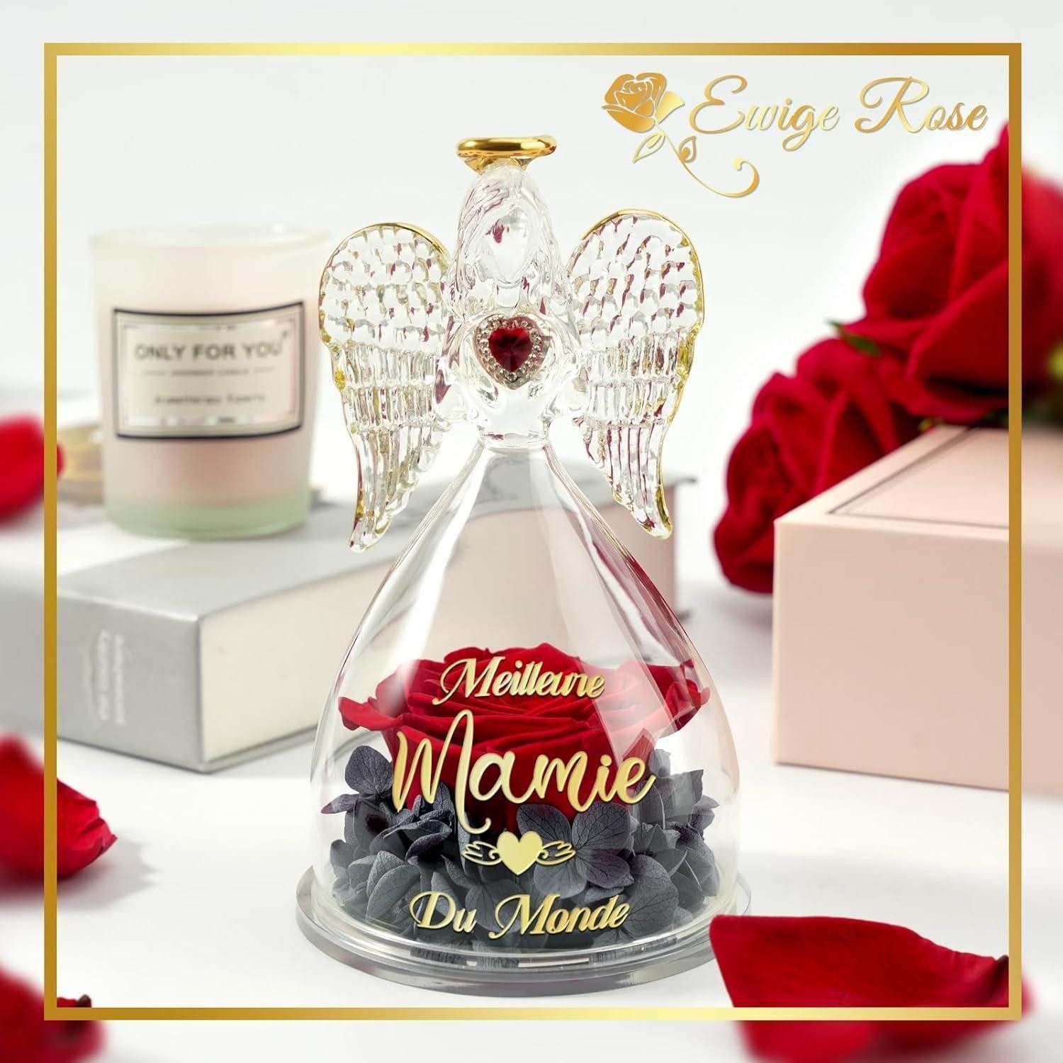 LuxusKollektion Schmuckset Geschenk für Freundin Engel Figur Ewige Rose Glaskuppel beste Freundin